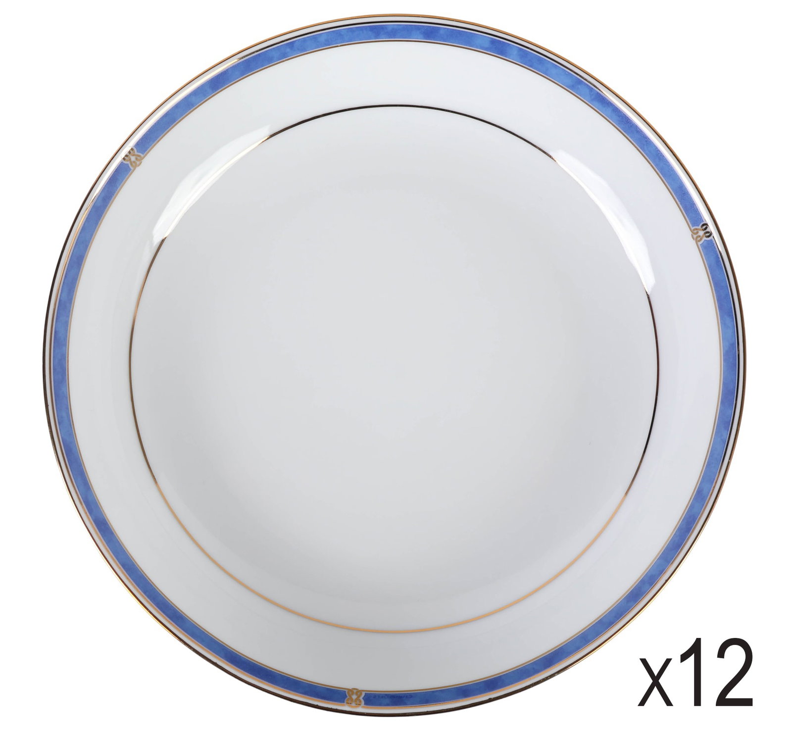 Christofle Oceana Blue Porcelain Soup Cereal Bowls: Christofle set of twelve French porcelain soup cereal bowls in the Oceana Bleu pattern, produced between 1996 and 2001. Each bowl features a wide marbled cobalt band with gold trim and stylized knot a