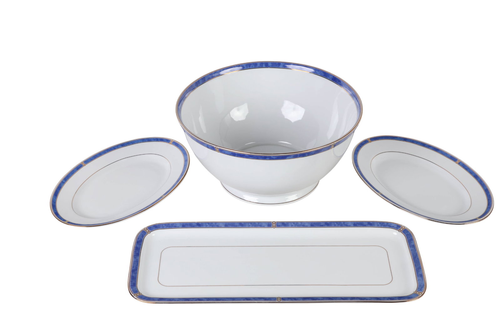 Christofle Oceana Blue Porcelain Serving Dish LOT: Christofle French porcelain four piece serving set in the Oceana Bleu pattern, produced between 1996 and 2001. Includes one large serving bowl, two oval pickle or relish dishes, and one rectangular tr