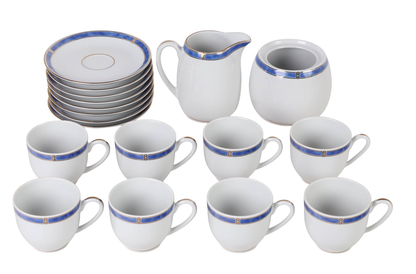 Christofle Oceana Blue Demitasse Service 18pc. SET: Christofle eighteen piece French porcelain demitasse service in the Oceana Bleu pattern, produced between 1996 and 2001. Comprises eight demitasse cups with coordinating saucers, along with a creamer 