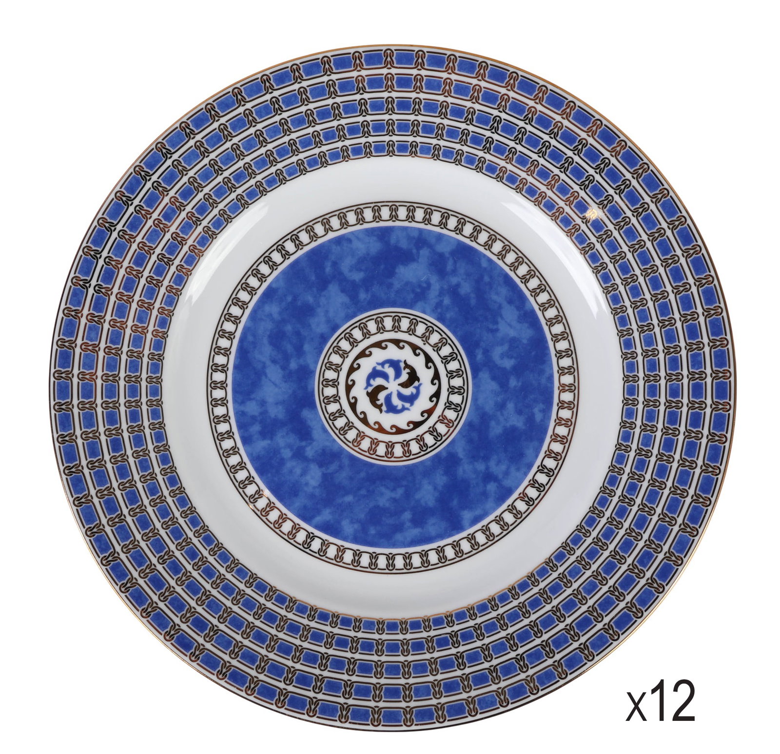 Christofle Byzance Bleu Porcelain Salad Plates SET: Christofle twelve piece French porcelain salad plate set in the Oceana Bleu Byzance pattern, produced between 1997 and 2001 as part of the Micro Gold series. Each plate features a layered cobalt desig