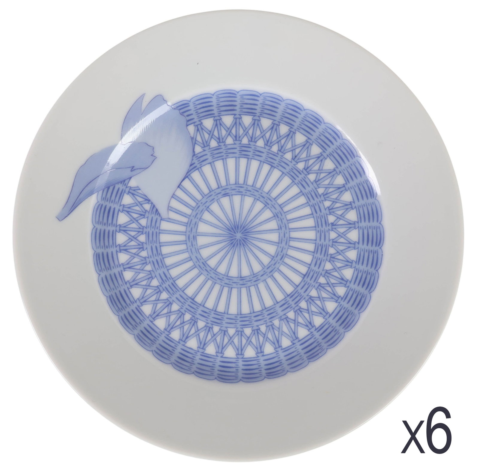 Hermes Porcelain Les Piviones Blue Bread Plate SET: Hermes French porcelain set of six bread and butter plates in the Les Piviones Blue pattern, introduced in 1986. Designed with a blue basket weave motif on white, accented with a stylized floral petal