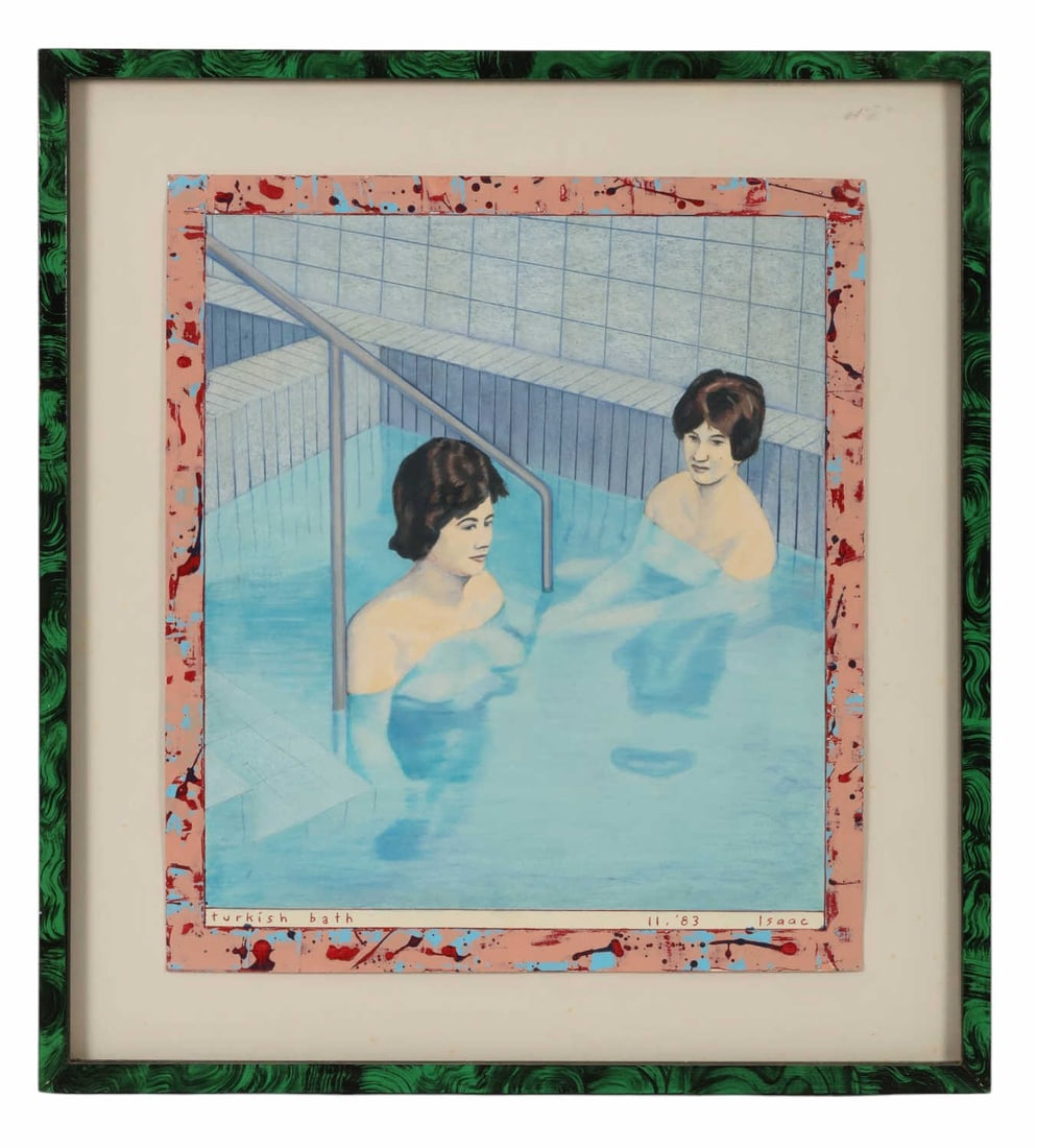 Jeffrey Isaac b.1956 Turkish Bathers 1983 Painting: Jeffrey Isaac (American, born 1956), Turkish Bath, 1983, watercolor and gouache on paper depicting two female figures immersed in a tiled bath setting, rendered in soft blue tones. The scene is border