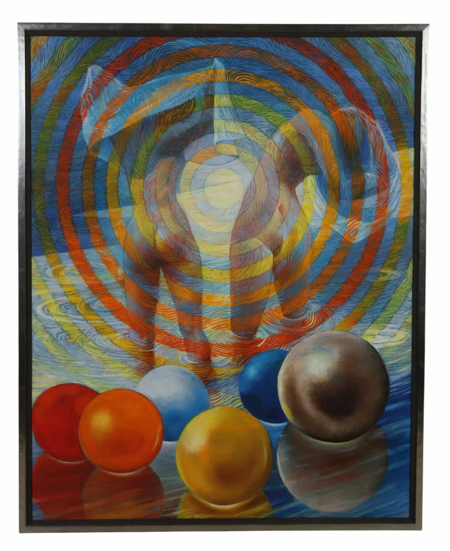 Emil Lindenfeld 1905-1986 Bathing Girls Painting: Emil Lindenfeld (Hungarian-American, 1905-1986), Bathing Girls, oil on canvas abstract composition featuring a central bullseye motif layered over a stylized figural scene. The work presents concentri