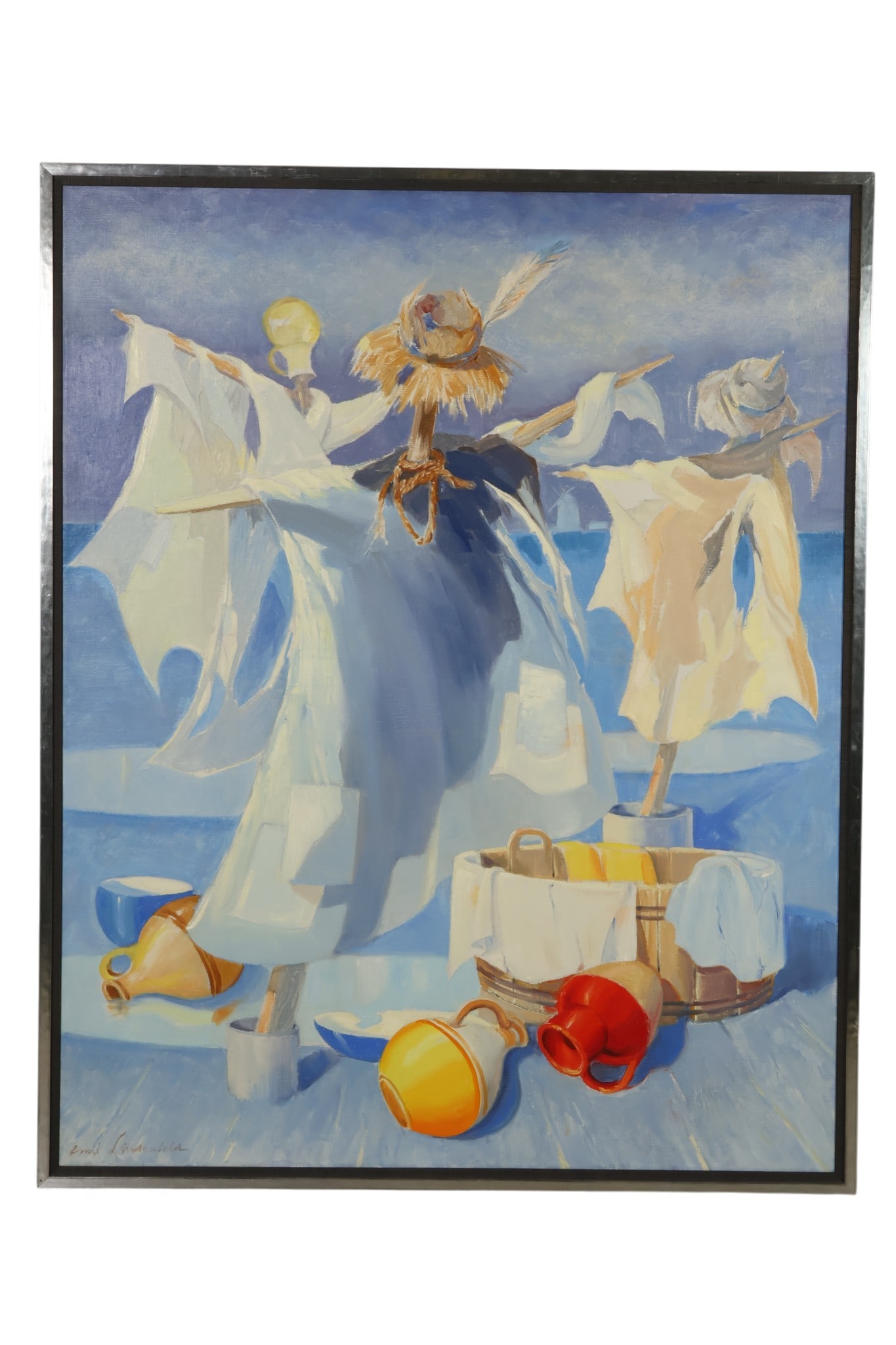 Emil Lindenfeld 1905-1986 Scarecrows Oil Painting: Emil Lindenfeld (Hungarian-American, 1905-1986), Spirit of the Scarecrow: Transfiguration, 1976, oil on canvas depicting three stylized scarecrow figures arranged in an open landscape setting. The cen