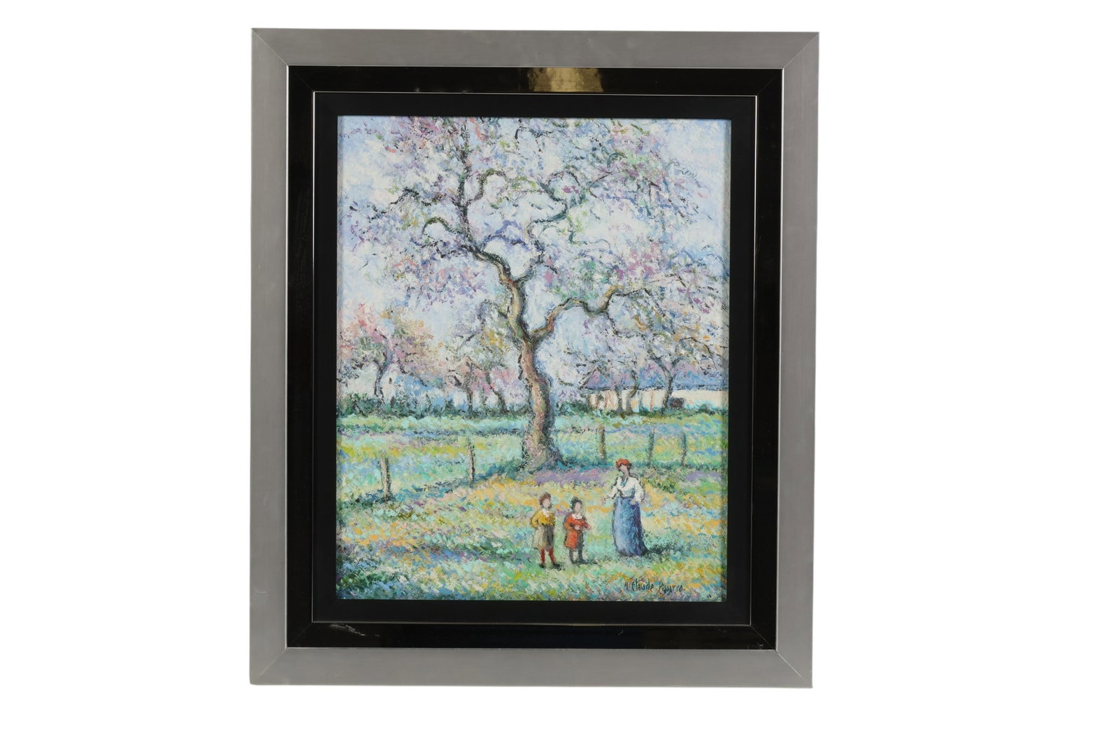 Hugh Claude Pissarro b.1935 Pear Tree Oil Painting: Hugues Claude Pissarro (French-Irish, born 1935), Large Pear Tree at Marcel Leolonds House, oil on canvas depicting figures beneath a tree in a landscape setting, executed in an Impressionist style. T