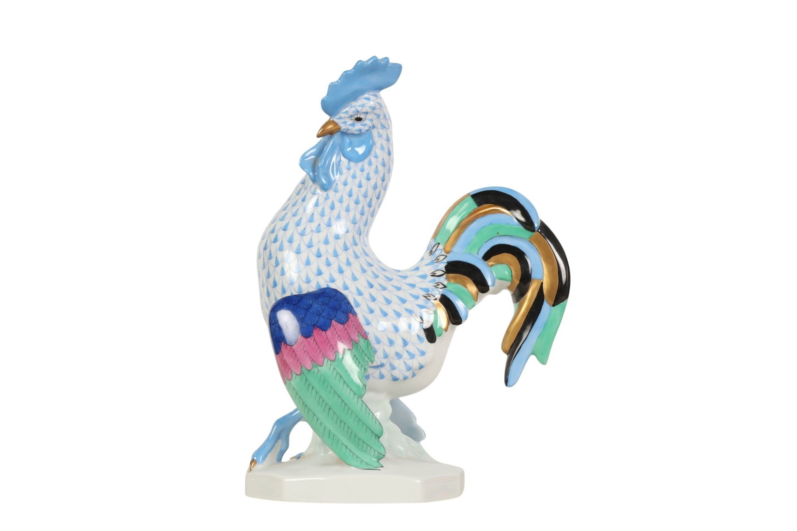 Herend Rooster Cocky Blue Fishnet Porcelain Figure: Herend Hungary hand-painted porcelain rooster figurine. The domesticated farm bird is modeled atop an elevated octagonal base and decorated in the Blue Fishnet pattern, with polychrome wings, tail fea