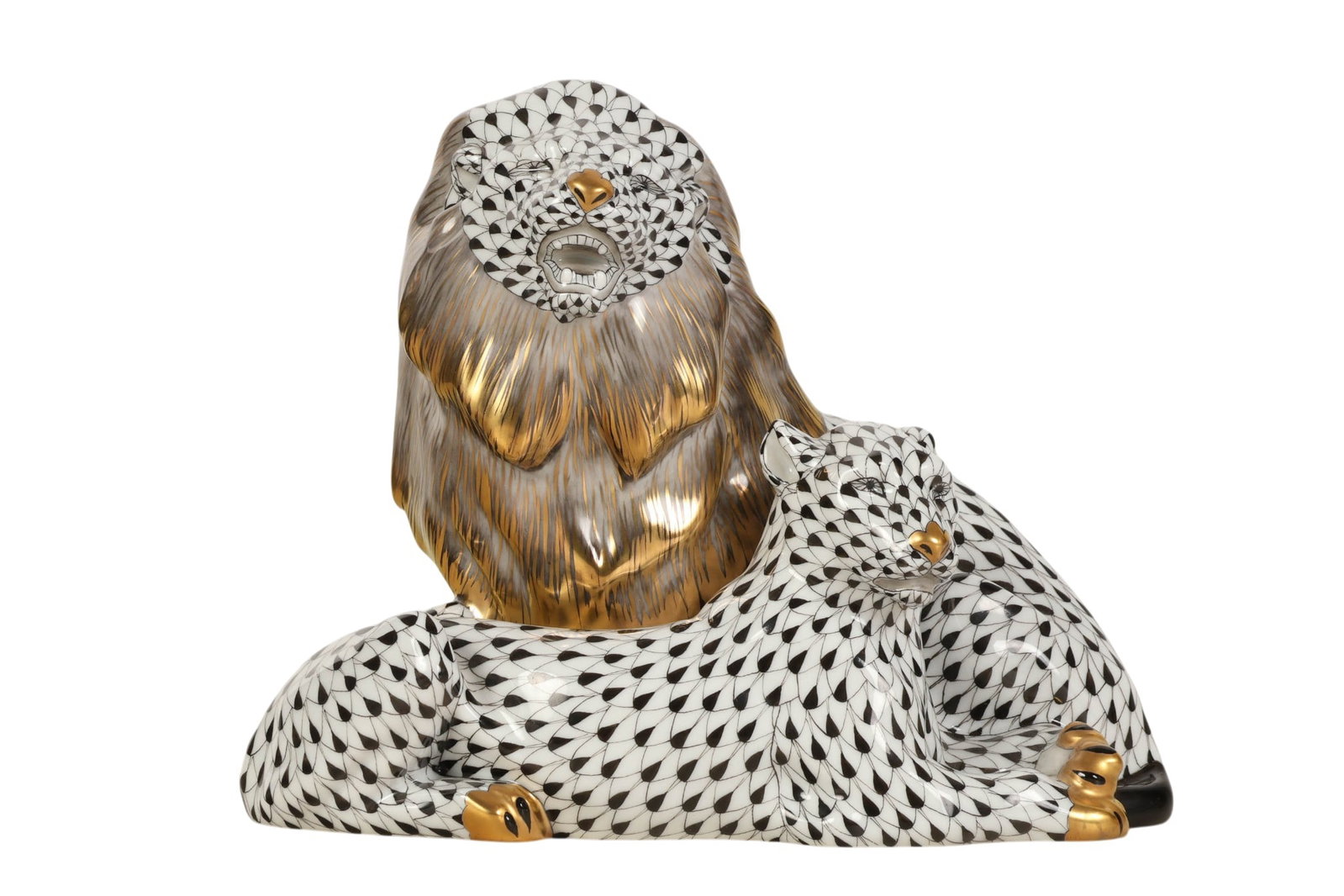 Herend Lion Lioness Black Fishnet Porcelain Figure (1 of 6)