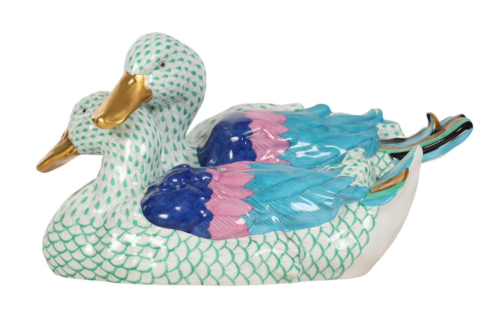 Herend Ducks Green Fishnet Large Porcelain Figure (1 of 6)