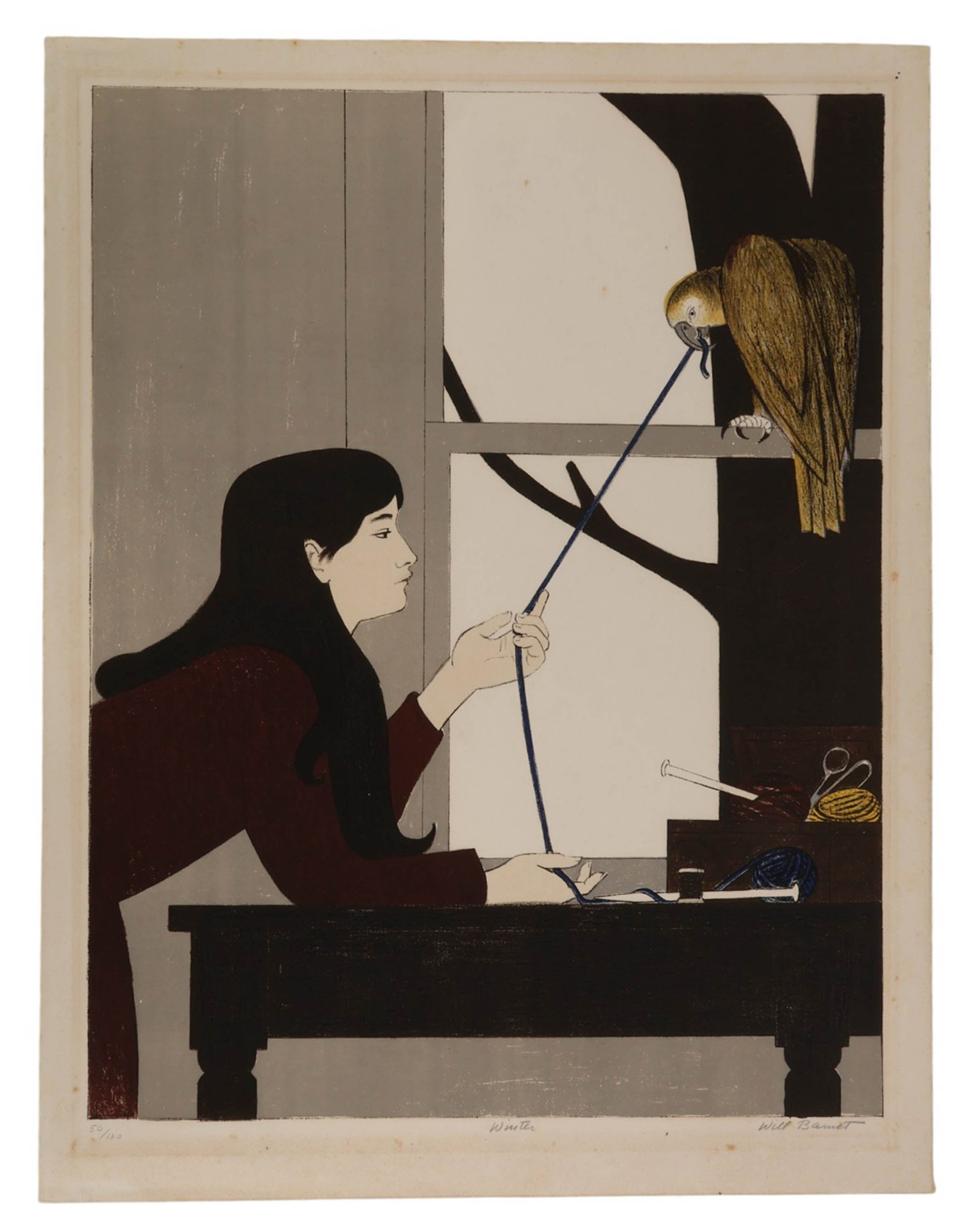 Will Barnet 1911-2012 Winter Figure Litho SIGNED: Will Barnet (American, 1911-2012), Winter, color lithograph on paper depicting a seated woman at a table engaging with a bird perched near a window, rendered in the artists signature minimalist and co