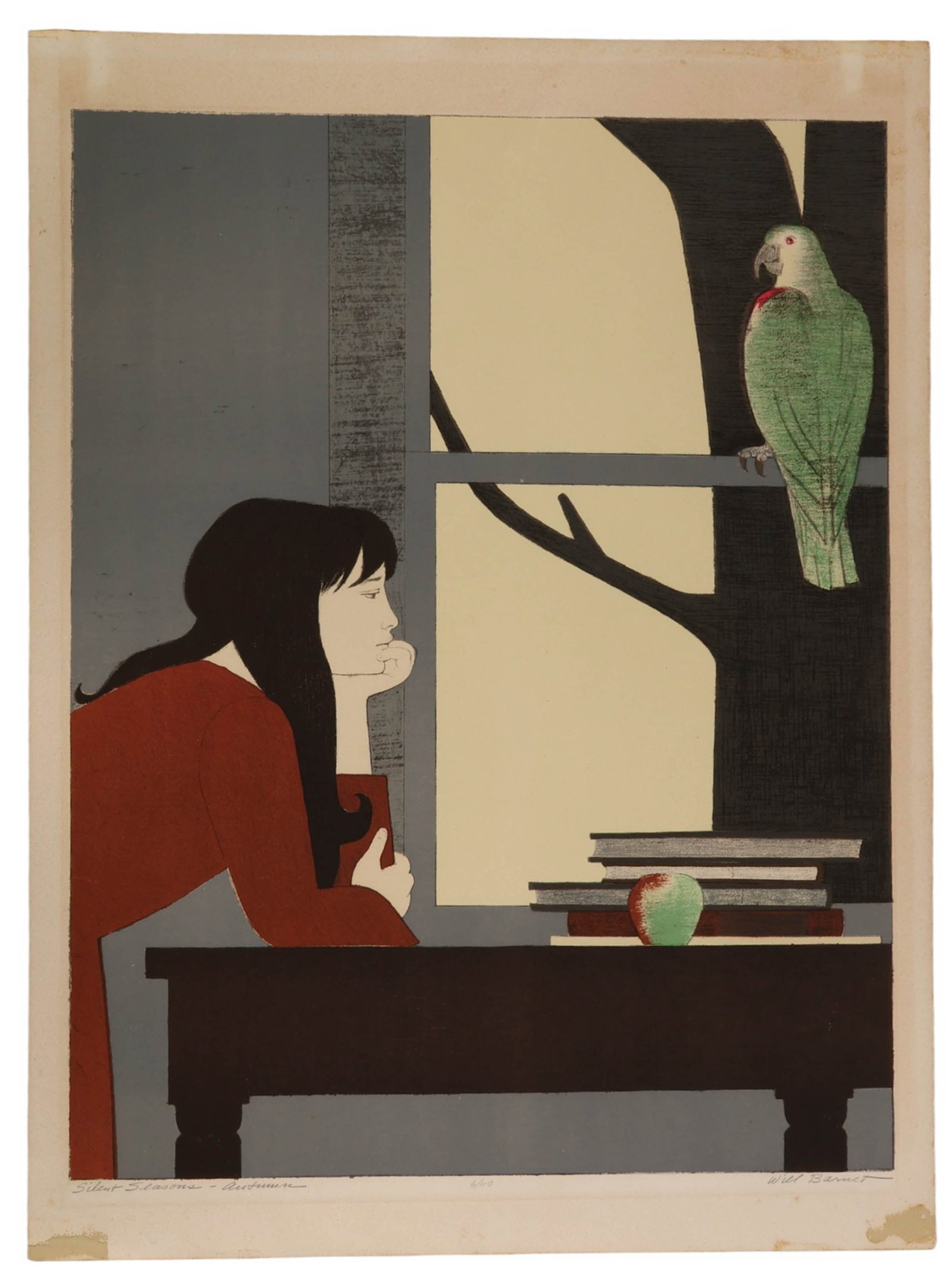 Will Barnet 1911-2012 Autumn Season Litho SIGNED: Will Barnet (American, 1911-2012), Silent Seasons Autumn, color lithograph on paper depicting a seated female figure gazing toward a perched bird outside a window, accompanied by a stack of books and 
