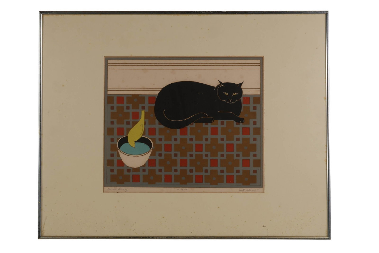 Will Barnet 1911-2012 Cat & Canary Litho LE SIGNED: Will Barnet (American, 1911-2012), Cat and Canary, color lithograph on paper depicting a stylized black cat poised beside a bowl with a yellow canary feather in a geometric interior setting. The compo