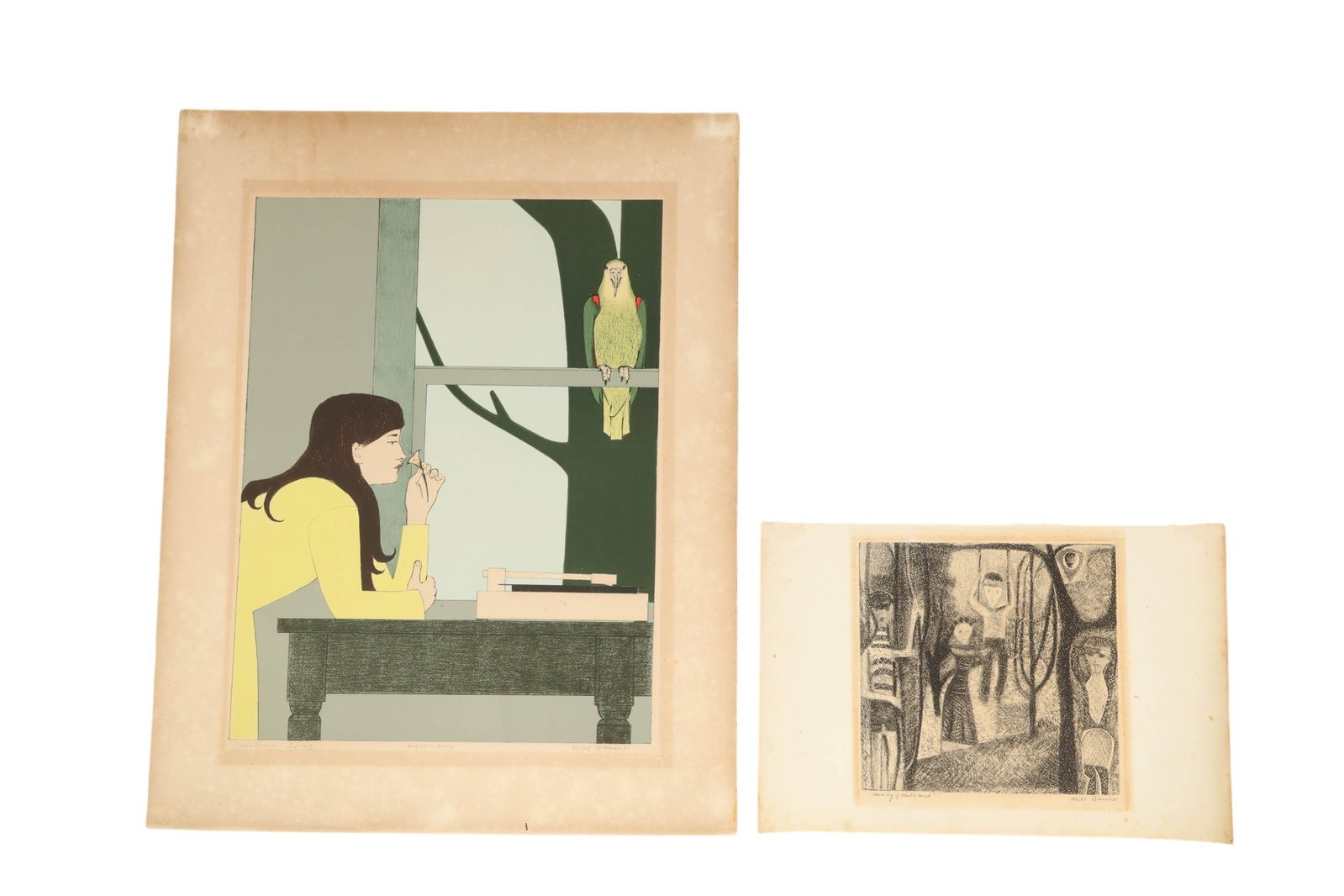 Will Barnet 1911-2012 Two Lithographs SIGNED LOT: Lot of two lithographs on paper by Will Barnet. The first work, titled Silent Season Spring, is a color lithograph depicting a contemplative female figure seated at a table beside a window with a perc