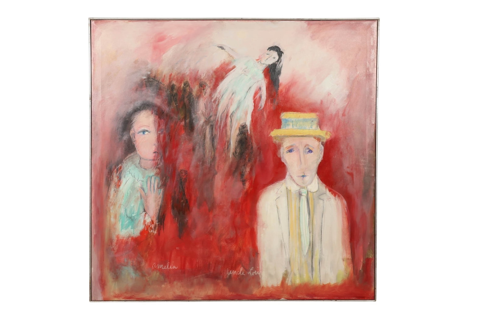 Zella Funck 1917-2009 Figural Abstract Painting: Zella Funck (American, 1917-2009), oil on canvas depicting two stylized expressive figures identified as Amelia and Uncle Louie, rendered in an abstracted composition. The scene features a male figure