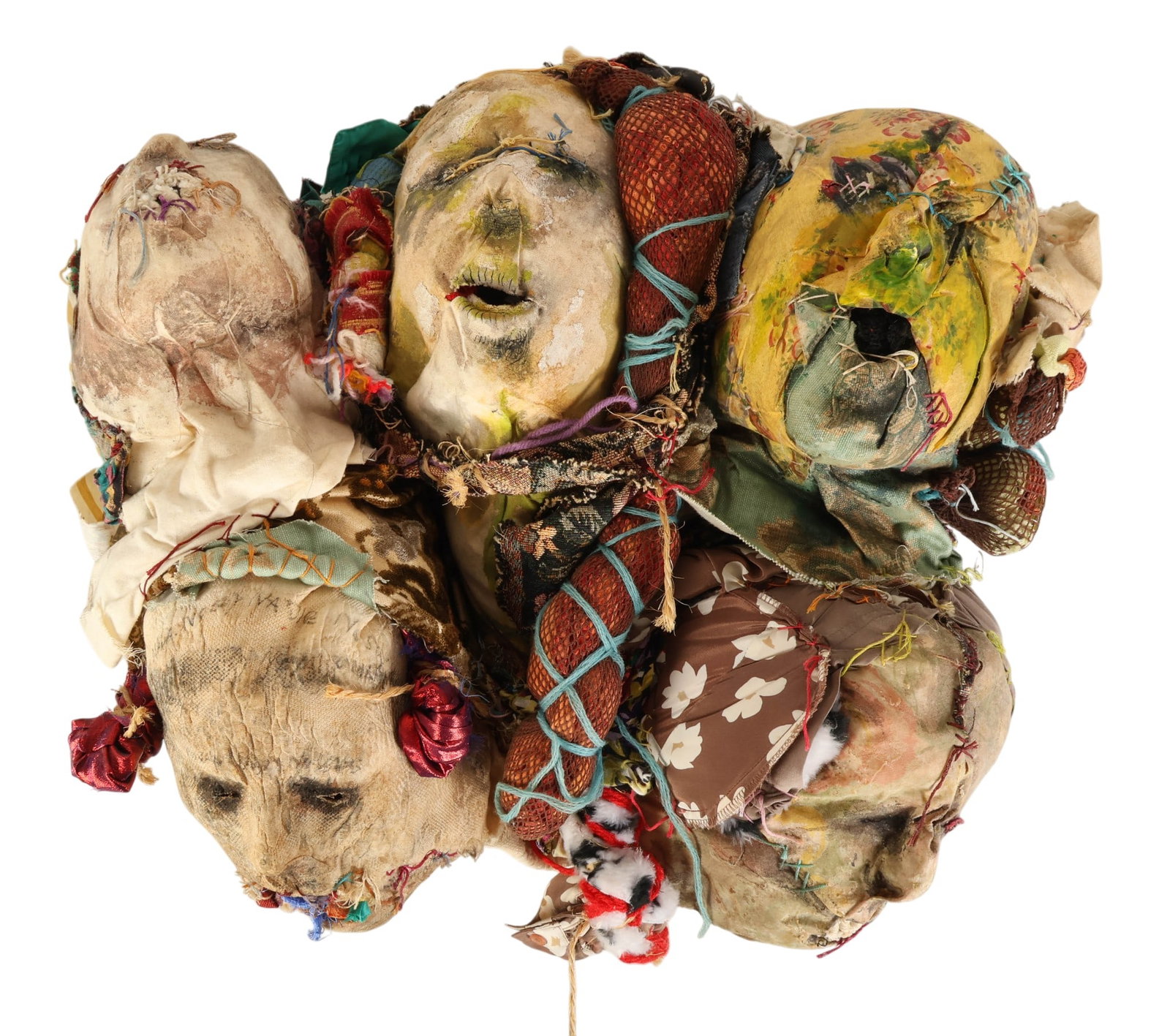 Ricardo Hernandez 20C Chorus Fabric Face Sculpture: Ricardo Hernandez (Cuban-American, 20th century), "Chorus," a layered textile-over-armature sculptural macabre composition depicting multiple human faces. Fabric surfaces are painted and dyed, with ha