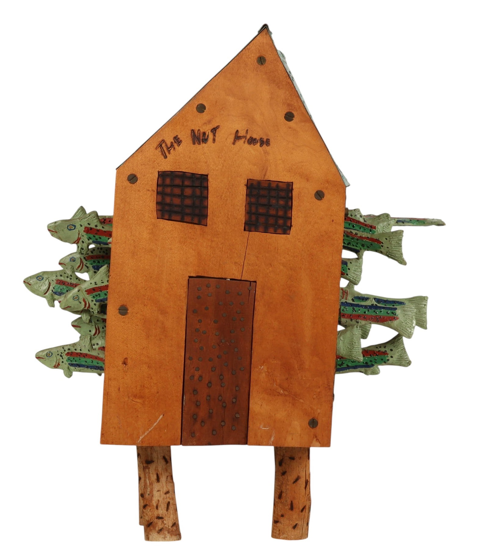 Claude Davis 20C "Nut House" Folk Art Birdhouse: Claude Davis (American, 20th/21st century), folk art hand-crafted wooden birdhouse titled The Nut House, featuring a stylized house form with handwritten text to the facade. Constructed from a wood bl