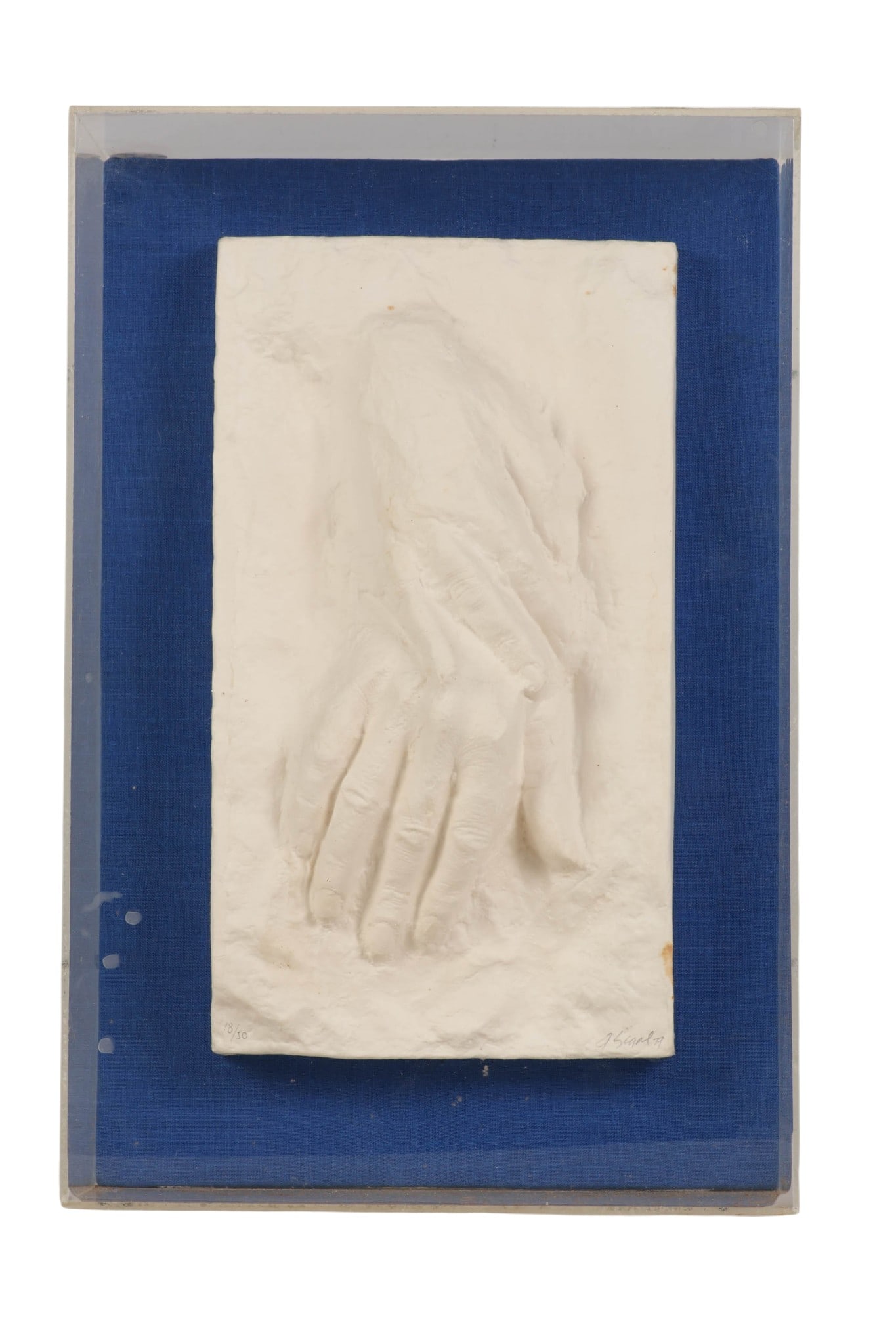 George Segal 1924-2000 Cast Plaster Hands SIGNED: George Segal (American, 1924-2000), plaster cast hand sculpture rendered in high relief, depicting a naturalistic human hand with expressive surface texture characteristic of the artists figural work.
