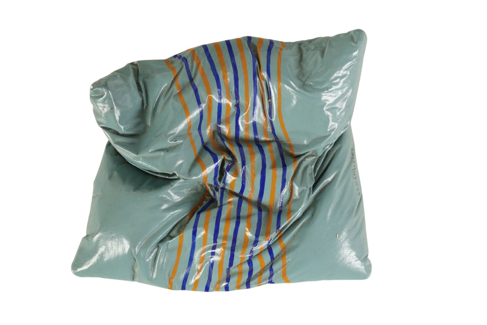 Elga Heinzen b.1933 Ceramic Pillow Form Sculpture: Elga Heinzen (Swiss, born 1933), ceramic art sculpture depicting a pillow form modeled with soft folds and gathered tension. Finished in a muted blue glaze with hand painted linear striping in orange 