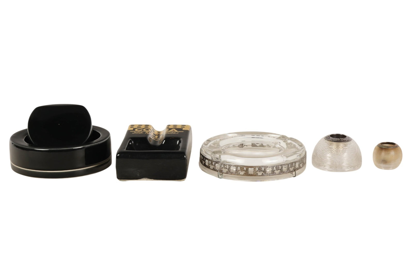 Ceramic Glass Sterling Ashtray Match Strike 5p LOT: Estate collection lot of a total of five tobaccianna related memorabilia. Includes a black ceramic cigar ashtray marked Cohiba La Habana Cuba, a large clear glass ashtray with ornate metal overlay ban