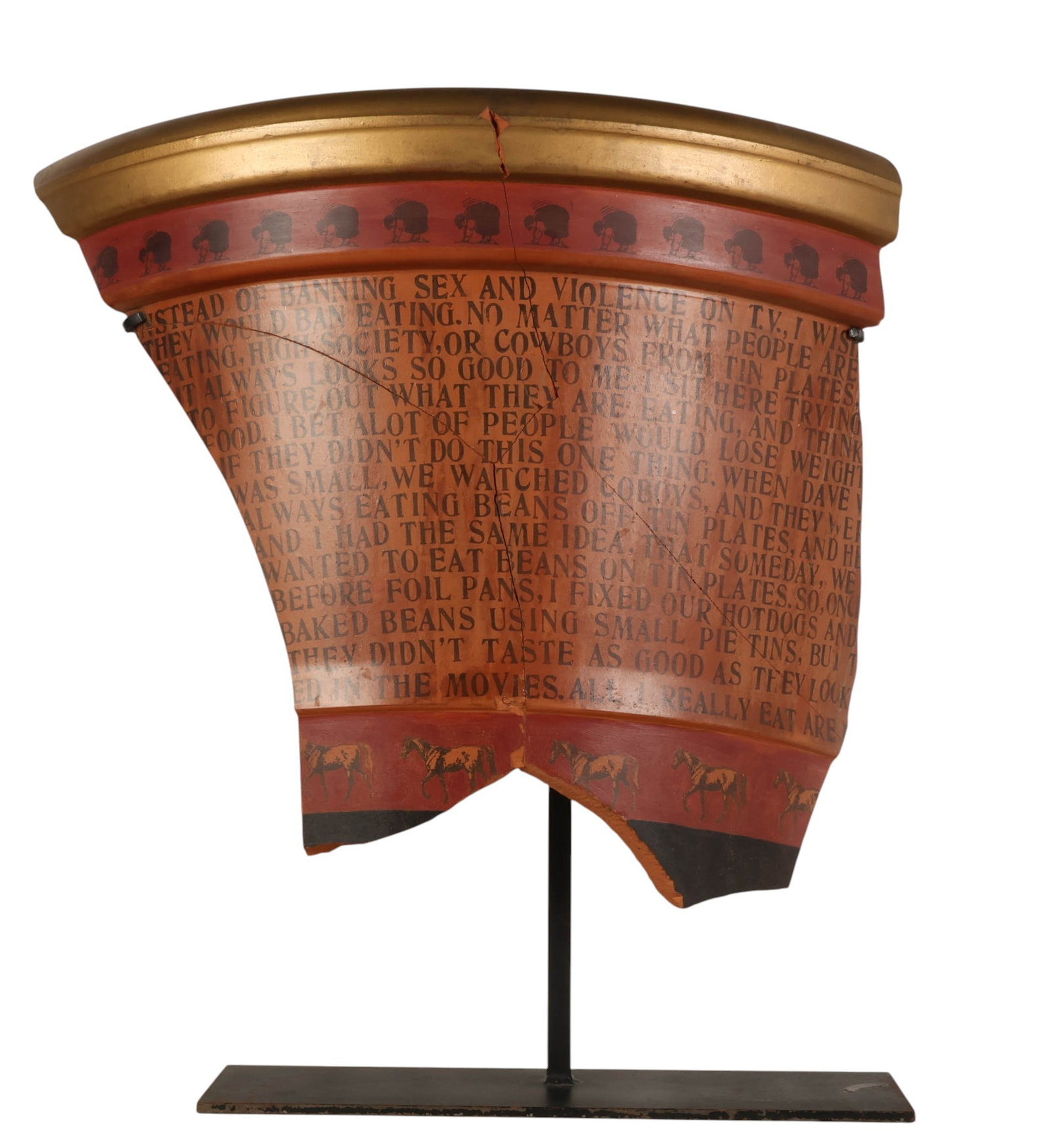 Barton Lidice Benes 1942-2012 Pottery Element Art: Barton Lidice Benes (American, 1942-2012), Instead of Banning Sex and Violence on TV, 1982, rubber stamp printed on a ceramic pottery shard. The work features decorative frieze motifs with stylized fi