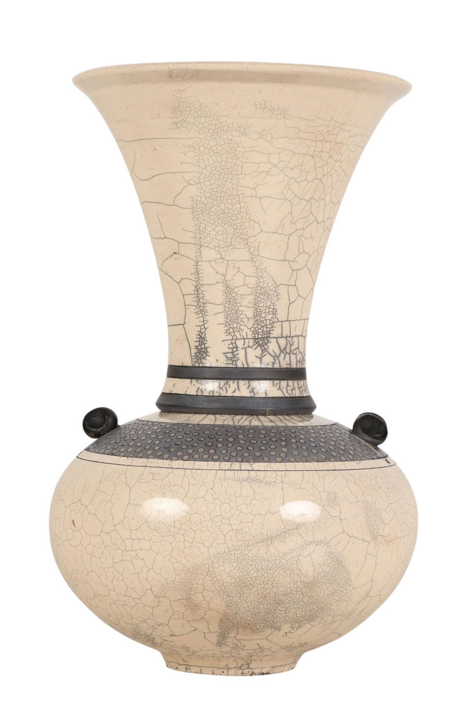 Andy Smith (b.1967) Raku Fired Studio Pottery Vase: Andy Smith (British, born 1967), raku fired studio art pottery vase of baluster form with flared rim and rounded body. The surface features a characteristic crackle glaze in cream tones contrasted wit