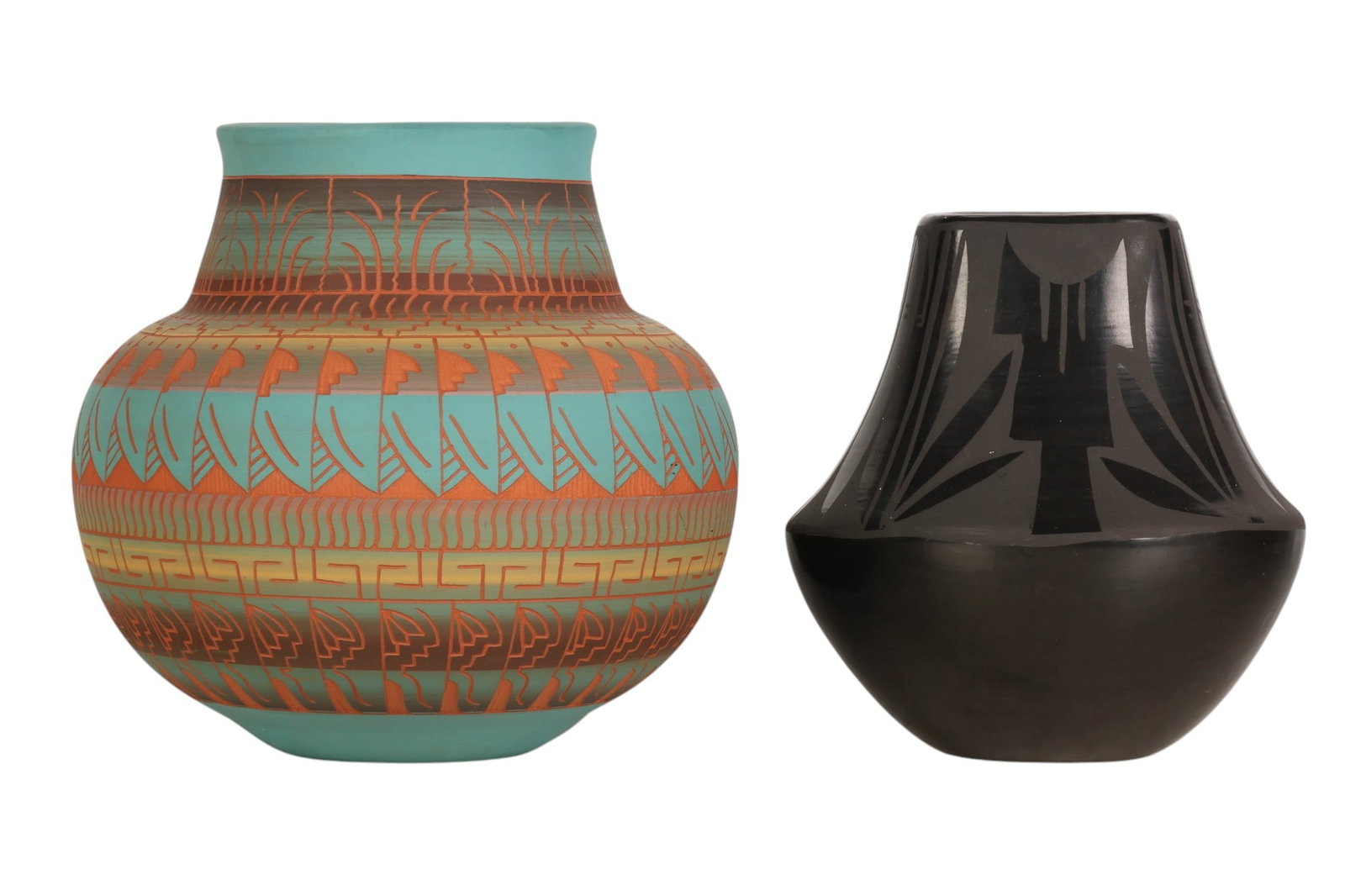 Madeline Tafoya David Willie Pueblo Vessel 2pc LOT: Lot of two Native American pottery vessels. Includes a blackware pottery jar by Madeline Tafoya (American, Santa Clara Pueblo, 1904-2002), hand-coiled and highly polished, featuring matte geometric av