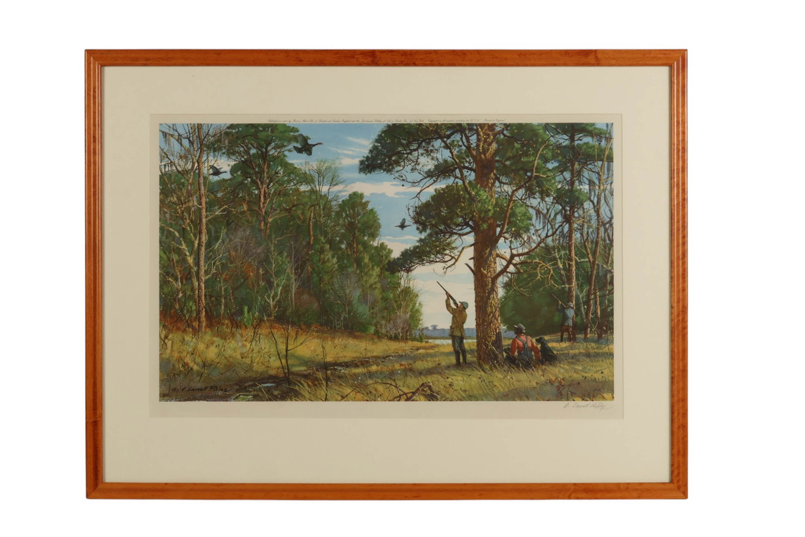 Lassell Ripley 1896-1969 Bird Hunting Litho SIGNED: Lassell Ripley (American, 1896-1969), color lithograph on paper depicting a sporting scene with hunters in a wooded landscape, accompanied by dogs and birds in flight, rendered in a naturalistic style