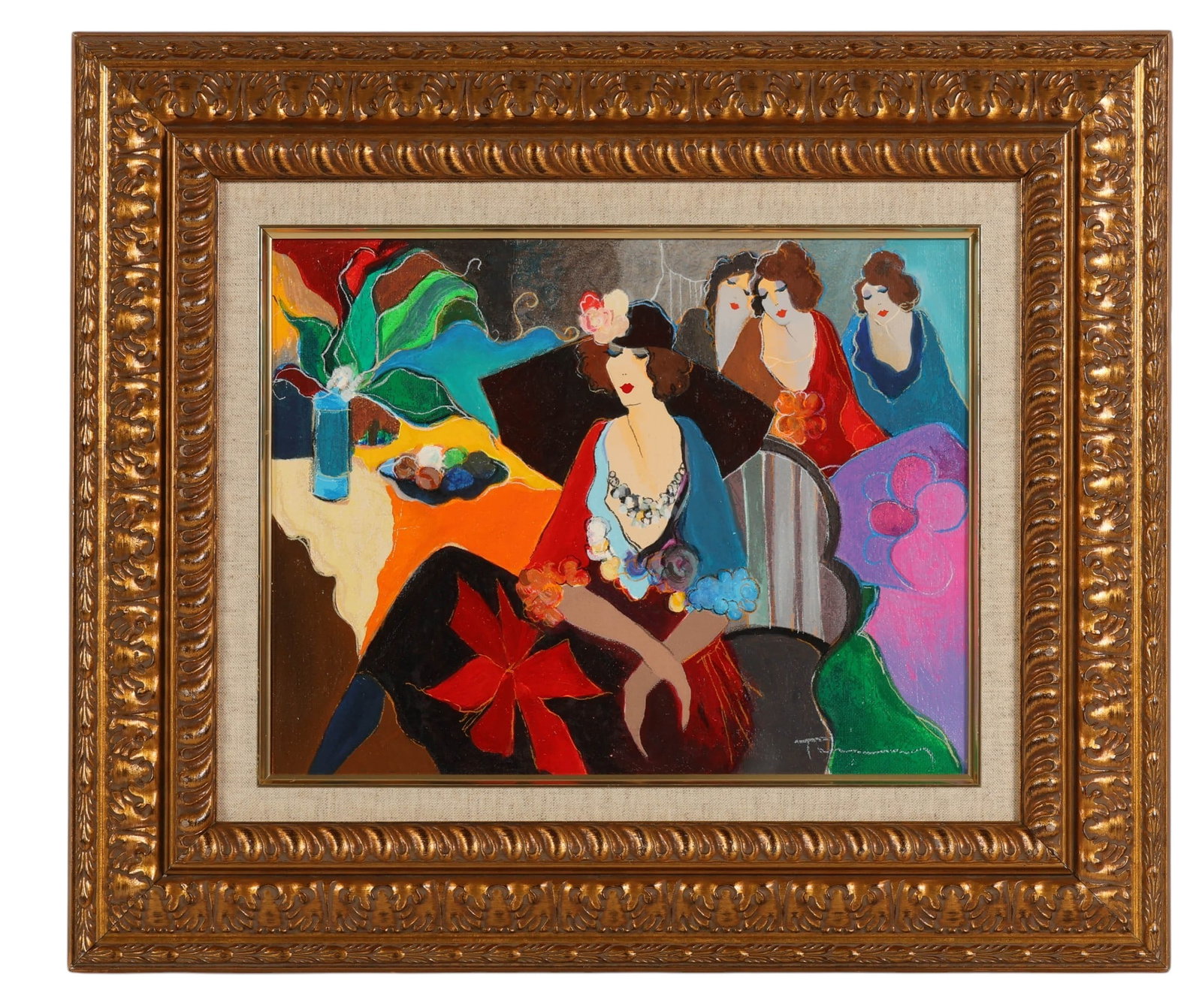 Itzchak Tarkay 1935-2012 Embellished Serigraph: Itzchak Tarkay (Israeli, 1935-2012), Four After the Party, 1997, embellished serigraph in color on canvas depicting elegantly dressed women in an interior setting rendered in the artists signature Pos