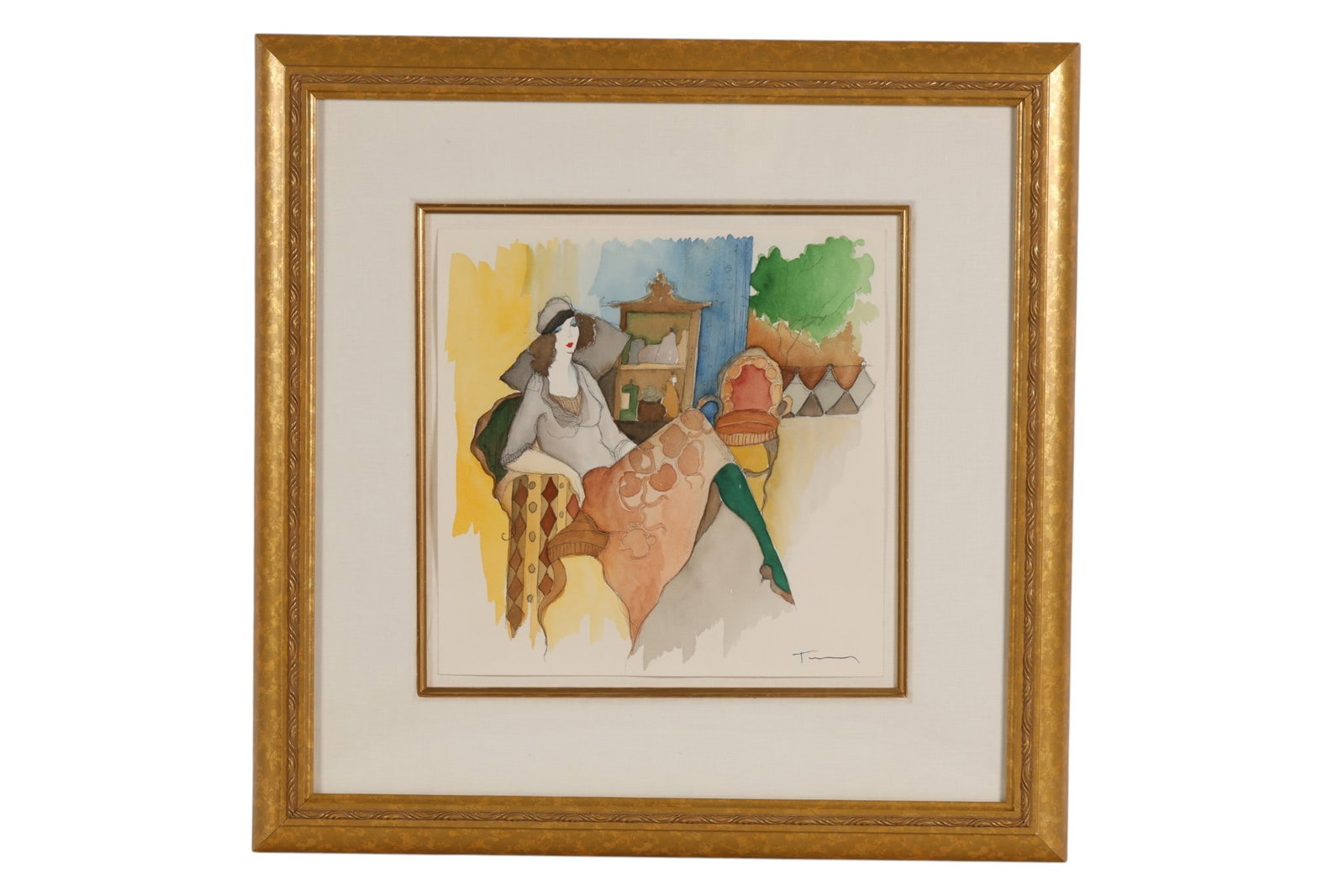 Itzchak Isaac Tarkay 1935-2012 Watercolor Painting: Itzchak Isaac Tarkay (Serbian-Israeli, 1935-2012), Philomina #3, watercolor on paper. Depicts a relaxed woman seated in a decorative chair surrounded by stylized furnishings and patterned elements. Si