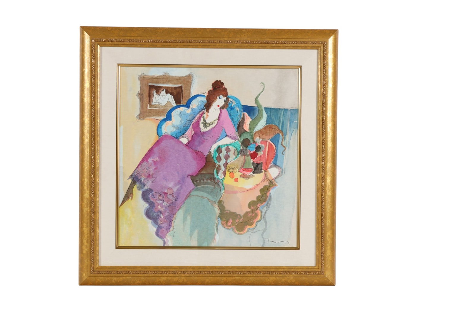 Tarkay 1935-2012 Le Salon Canvas Serigraph SIGNED: Itzchak Tarkay (Israeli, 1935-2012) Le Salon IV serigraph on canvas depicting an elegant seated female figure in an interior setting. The composition features the artists characteristic stylized figur