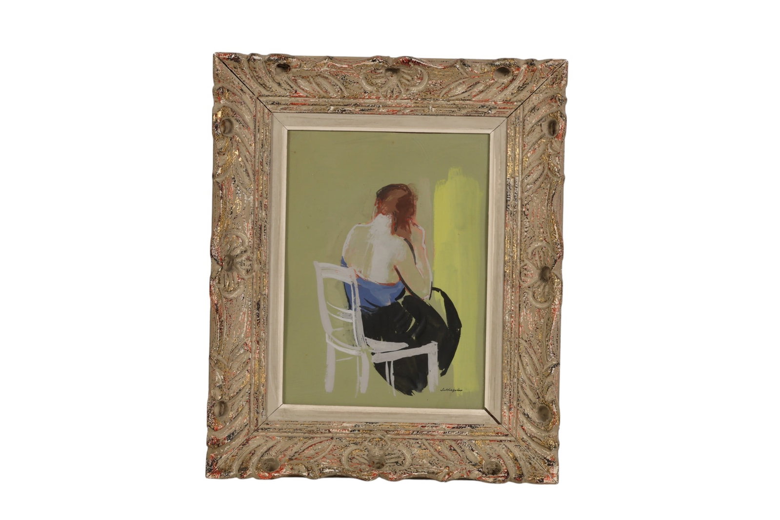 Figural Scene Lady Brushing Hair Gouache Painting: Gouache on paper figural composition depicting a seated woman brushing her hair. The work features a minimalist and modern style with a soft tonal background and expressive brushwork defining the figu