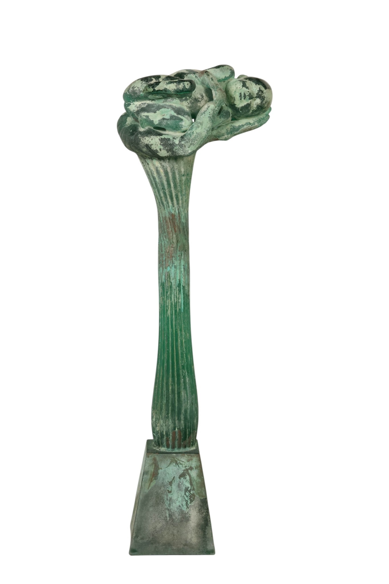 P Signoretto 1944-2017 Scavo Bambino 40" Sculpture: Pino Signoretto (Italian, 1944-2017), "Verde Scavo Bambino su Mano" Italian Murano art glass sculpture depicting a baby cradled within an open hand mounted atop a fluted pedestal base. Executed in the