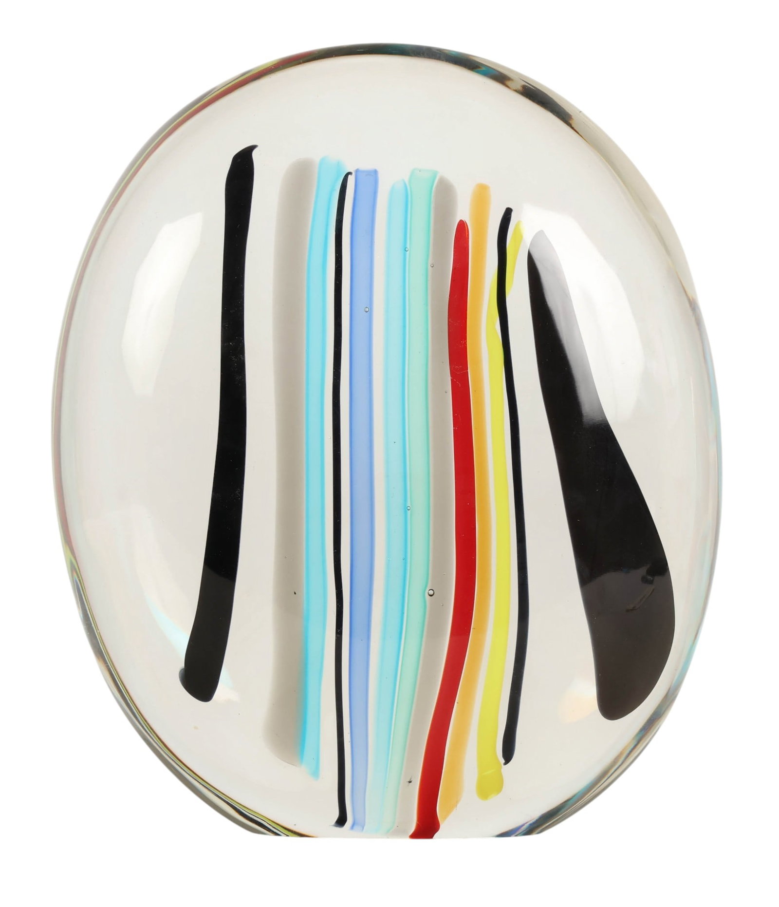 Manfredi Murano Italian Glass Striped Sculpture: Murano Manfredi, heavy studio art glass sculpture featuring vibrant internal ribbon inclusions in multicolor stripes. The cylindrical sculptural body showcases suspended bands of black yellow red blue