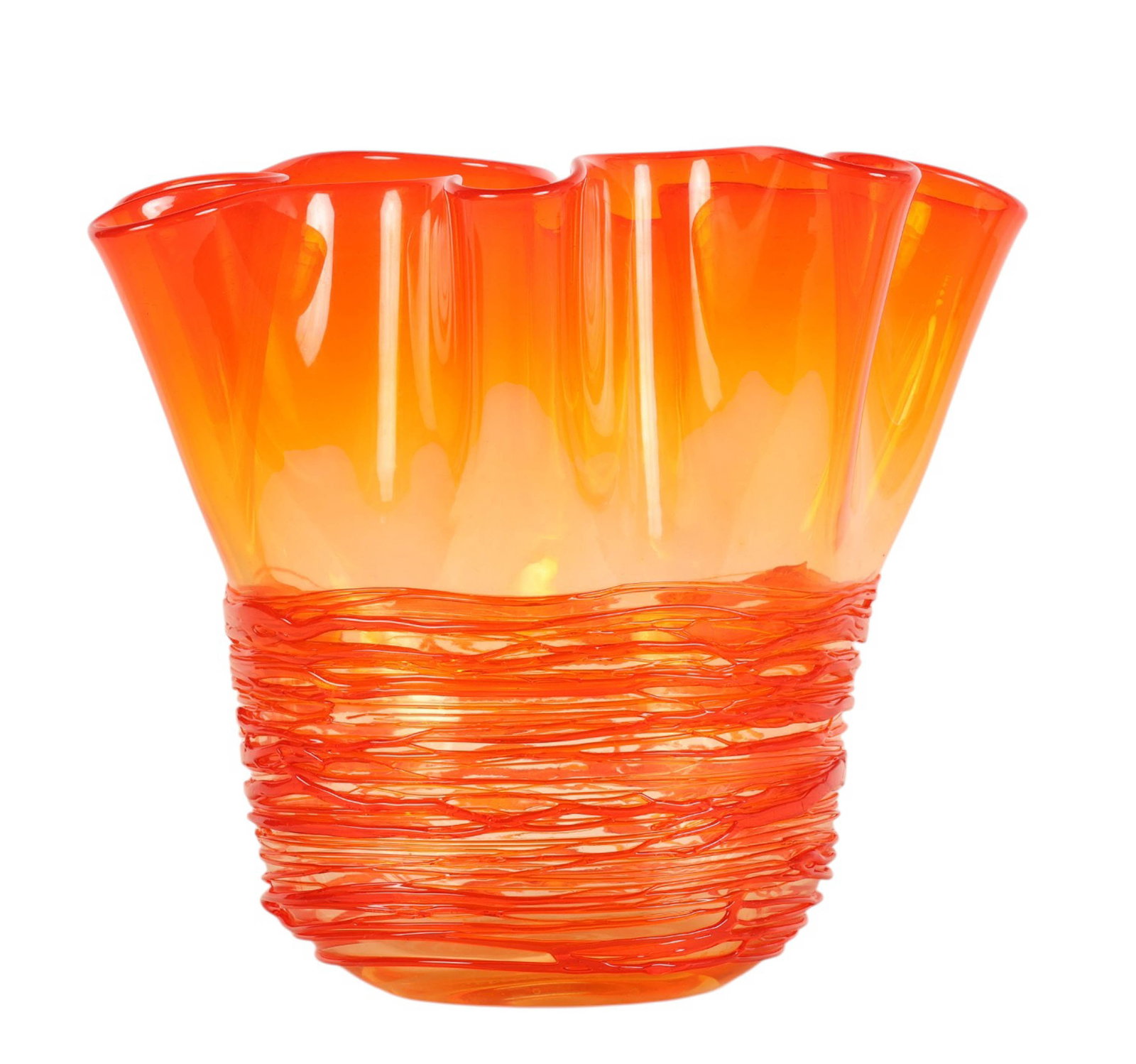 Enrico Camozzo b.1965 Orange Murano Art Glass Vase: Enrico Camozzo (Italian, born 1965), orange and amber toned Murano art glass vase featuring a dramatic ruffled rim and flared organic form. The body transitions from a rich amber interior to a vivid o