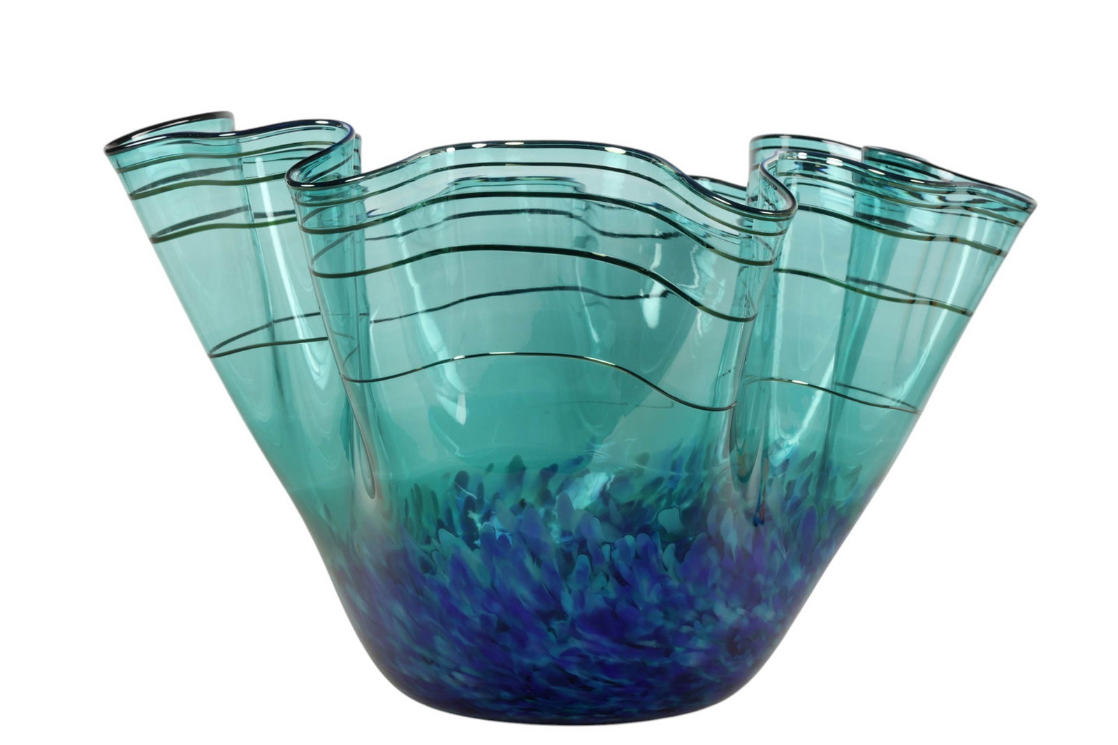 Chihuly Style Blue Handkerchief Glass Vase SIGNED: Studio art glass blue handkerchief form vase featuring an undulating freeform rim and flared organic silhouette. The body displays a translucent teal tone with applied trailing black lines encircling 