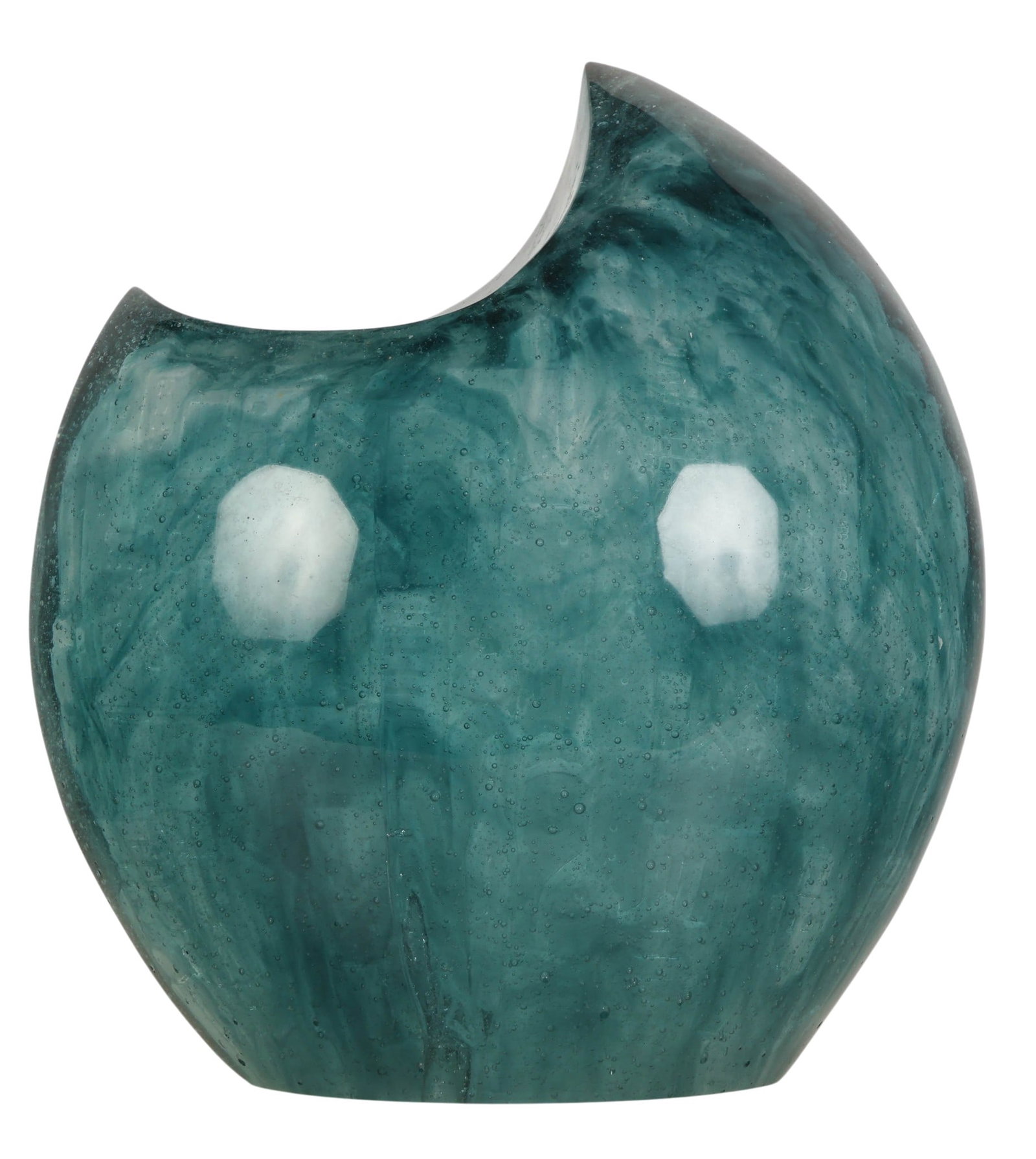 Studio Art Glass Interior Architectural Sculpture: Contemporary studio art glass, a rounded organic freeform sculpture in translucent blue-green glass, featuring a carved interior relief of buildings and urban architectural structures visible through 