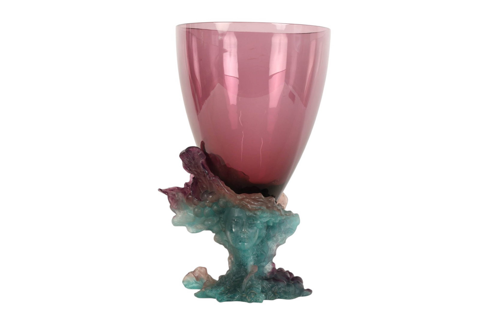 Daum France Bacchus Grape Pate de Verre Glass Vase: Daum France Bacchus pate de verre amethyst toned art glass vase featuring a richly sculpted base depicting the classical wine deity surrounded by grape clusters and flowing vine leaves. The frosted mu