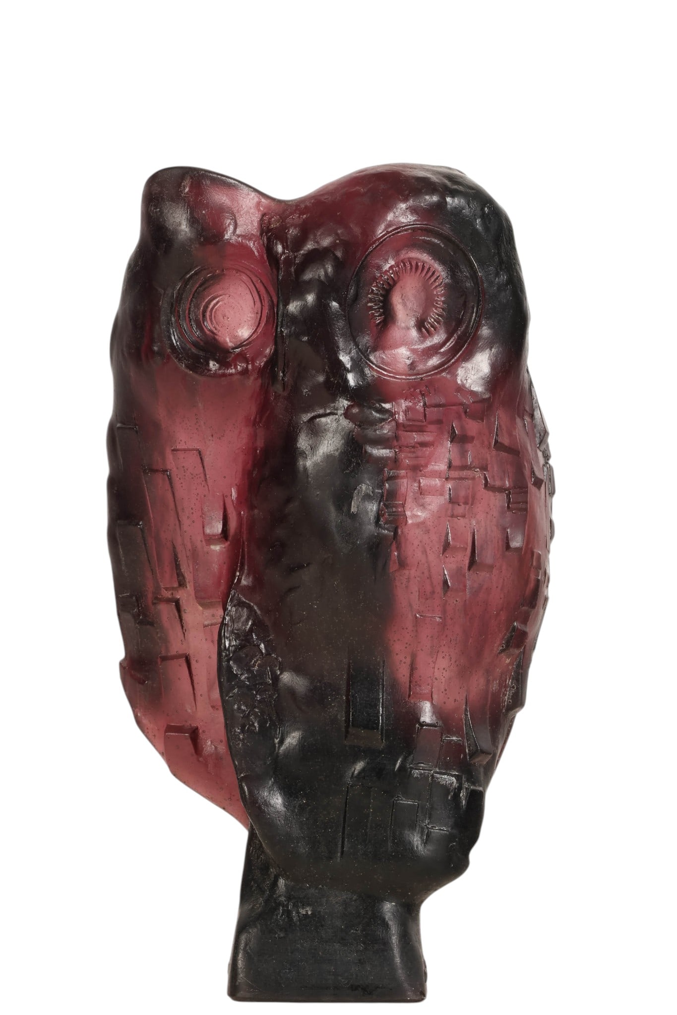 Maurice Legendre (b.1928) Daum Glass Owl Sculpture: Maurice Legendre (French, born 1928), for Daum France Nocturne, pate de verre art glass sculpture rendered in deep plum and purple, modeled as a stylized owl with carved geometric and textural surface