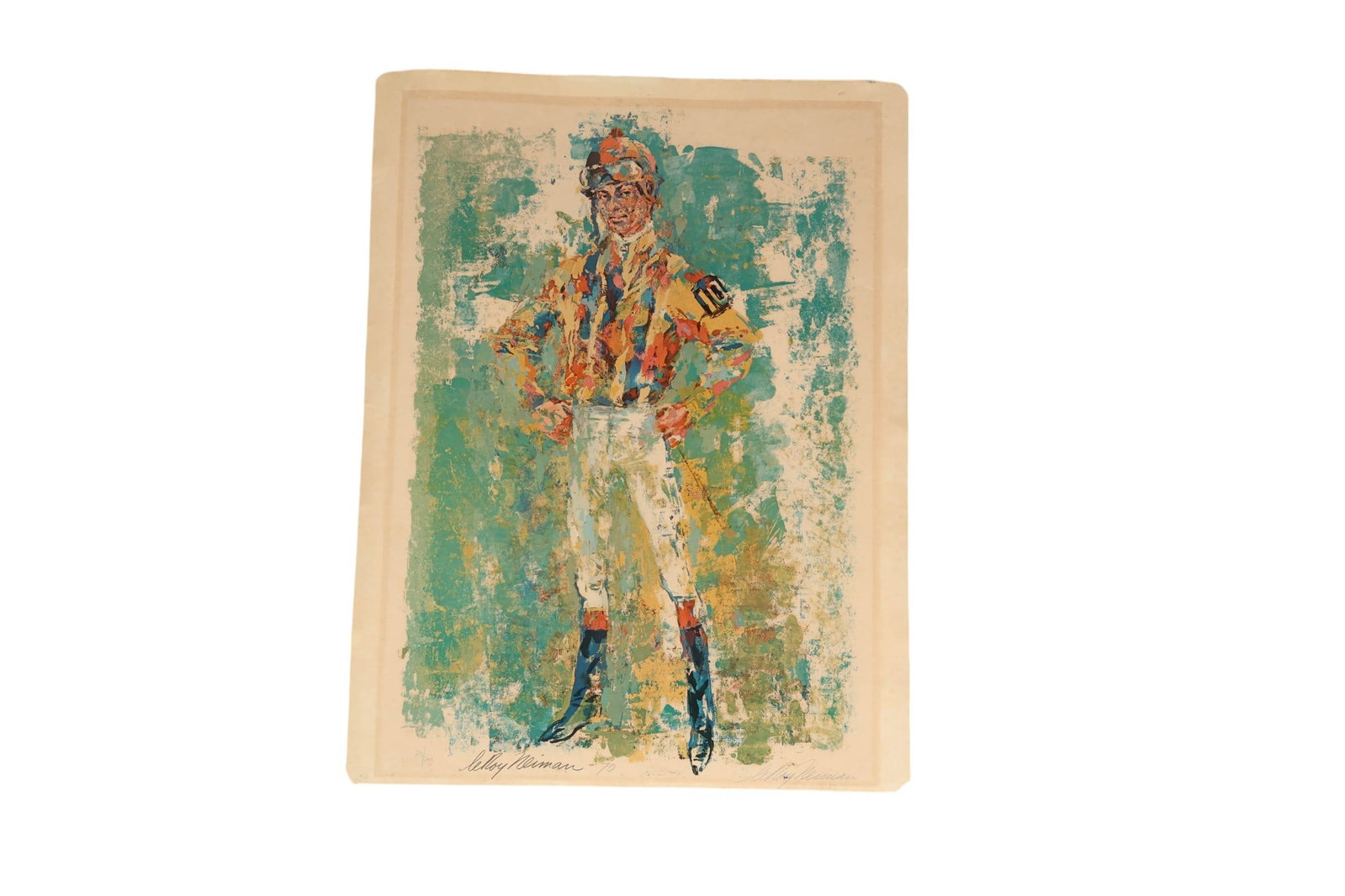 Leroy Neiman 1921-2012 LE Jockey Serigraph SIGNED: LeRoy Neiman (American, 1921-2012), "Bill Hartack" color serigraph on paper depicting a standing horse racing jockey rendered in vibrant gestural coloration characteristic of the artist's iconic sport