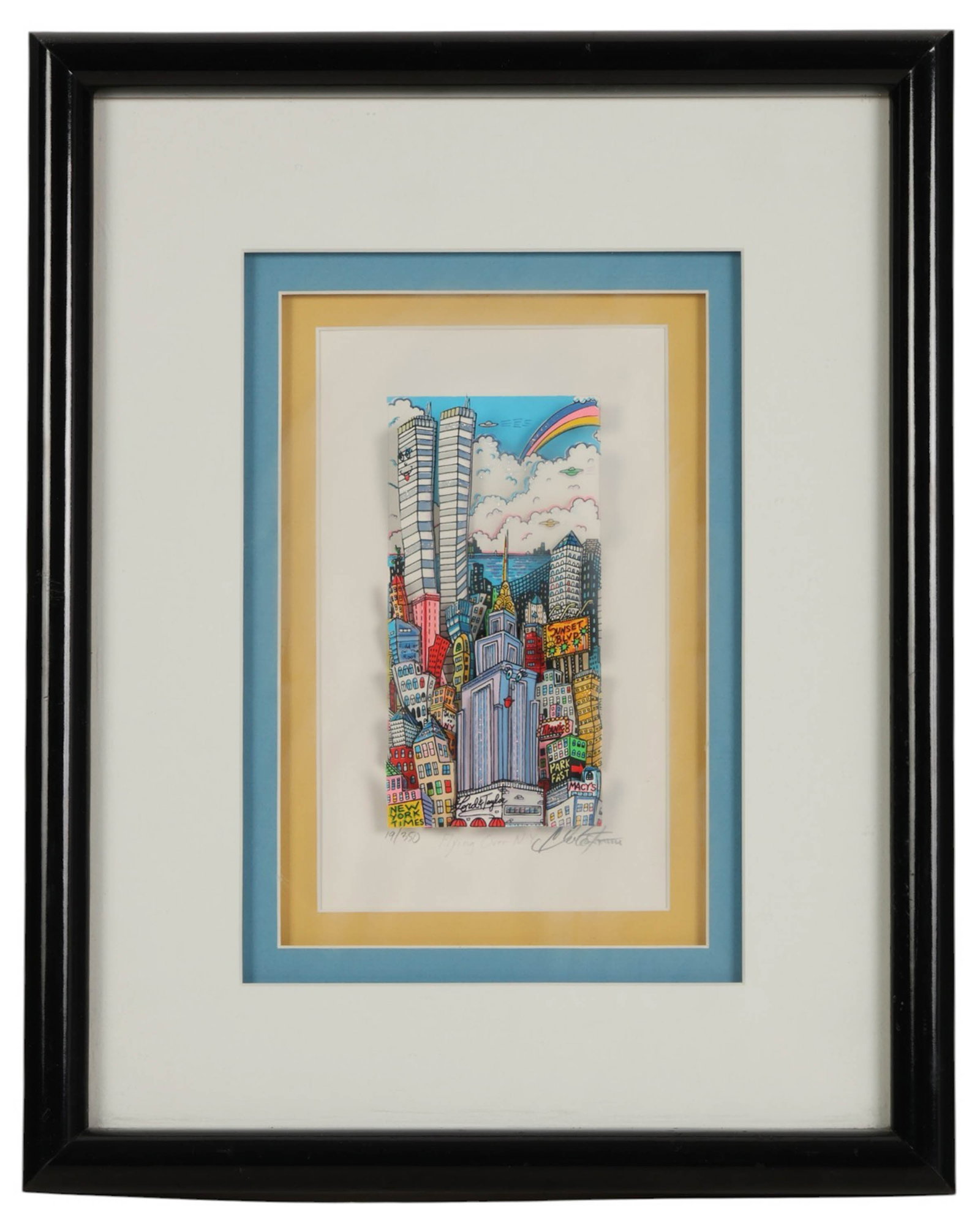 Charles Fazzino b.1955 New York Time Square SIGNED: Charles Fazzino (American, born 1955), Flying Over New York, a three-dimensional Pop Art serigraph depicting a lively Times Square cityscape with iconic skyscrapers, signage, and vibrant street-level 