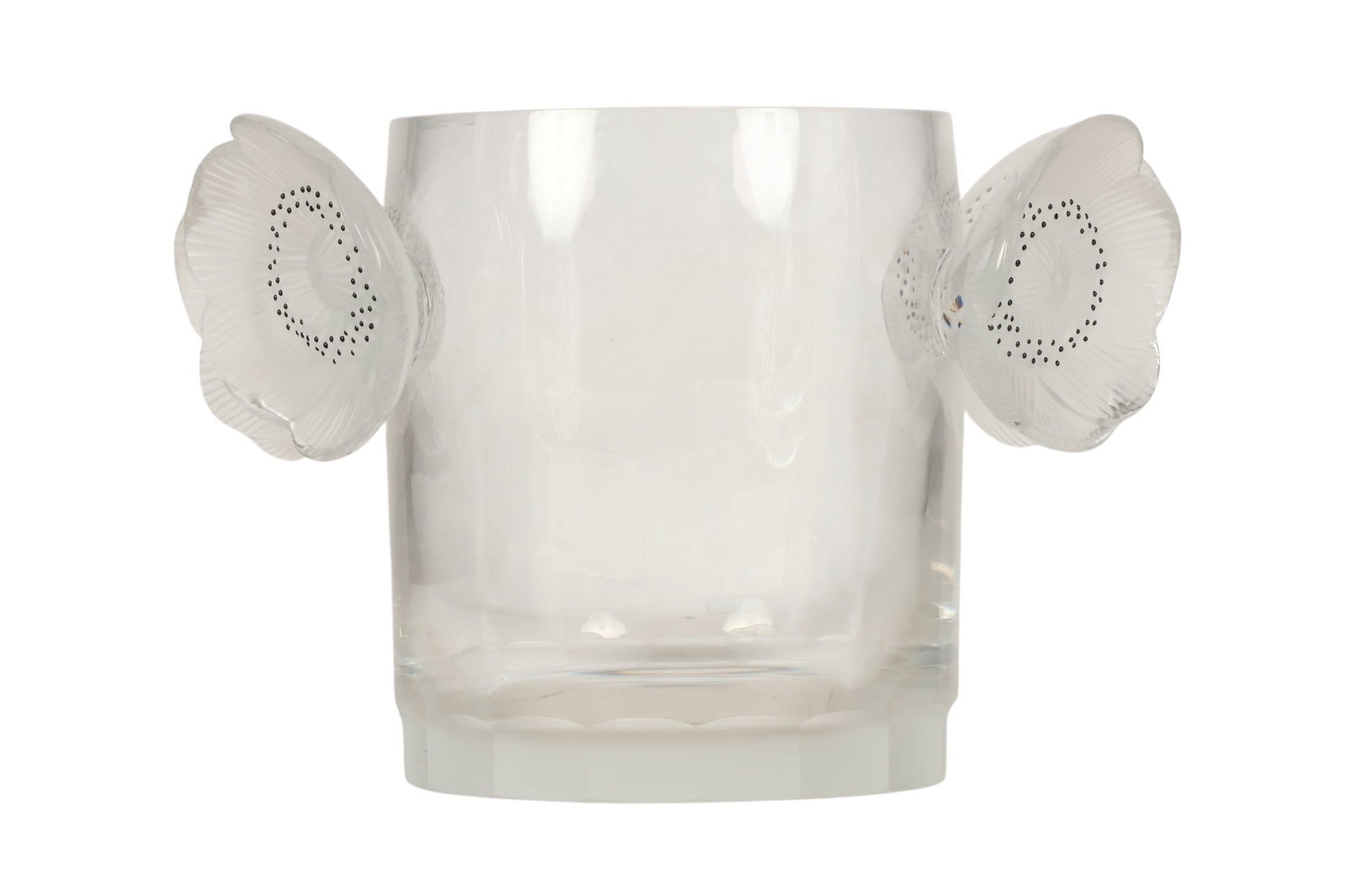 Lalique Anemones Double Flower Crystal Ice Bucket: Lalique French clear crystal ice bucket in the Anemones pattern, featuring a cylindrical body accented by two opposing frosted floral shaped handles with finely detailed petal forms and dotted motif c