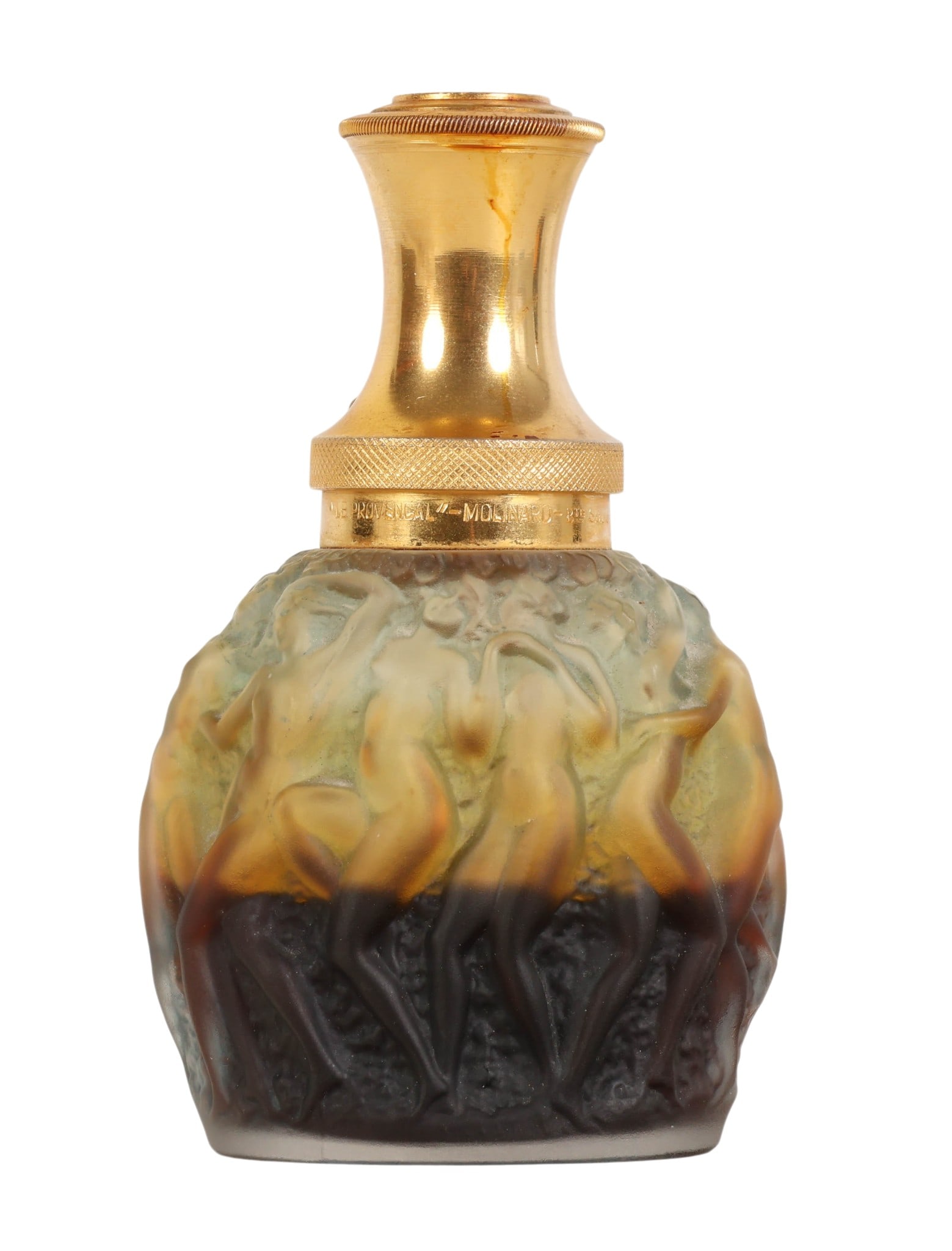Lalique Calendal Molinard Art Glass Perfume Bottle: Antique Lalique for Molinard, French Calendral glass perfume bottle featuring a frosted and patinated figural design of dancing female forms in relief around the body. Topped with a gilt metal atomize