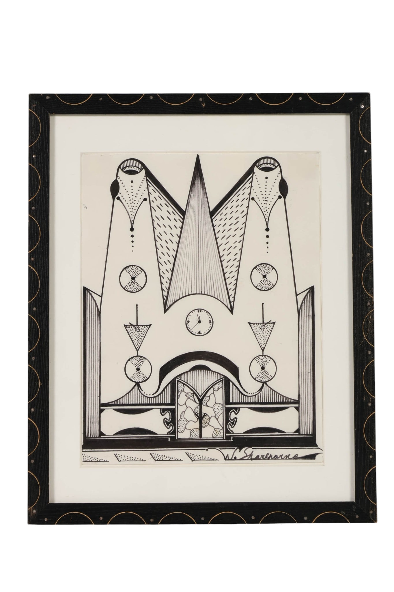 Welmon Sharlhorne b1952 Naive Folk Art Ink Drawing: Welmon Sharlhorne (American, born 1952), ink on paper drawing depicting a symmetrical abstract architectural composition rendered in bold black linework. The design incorporates geometric forms, clock
