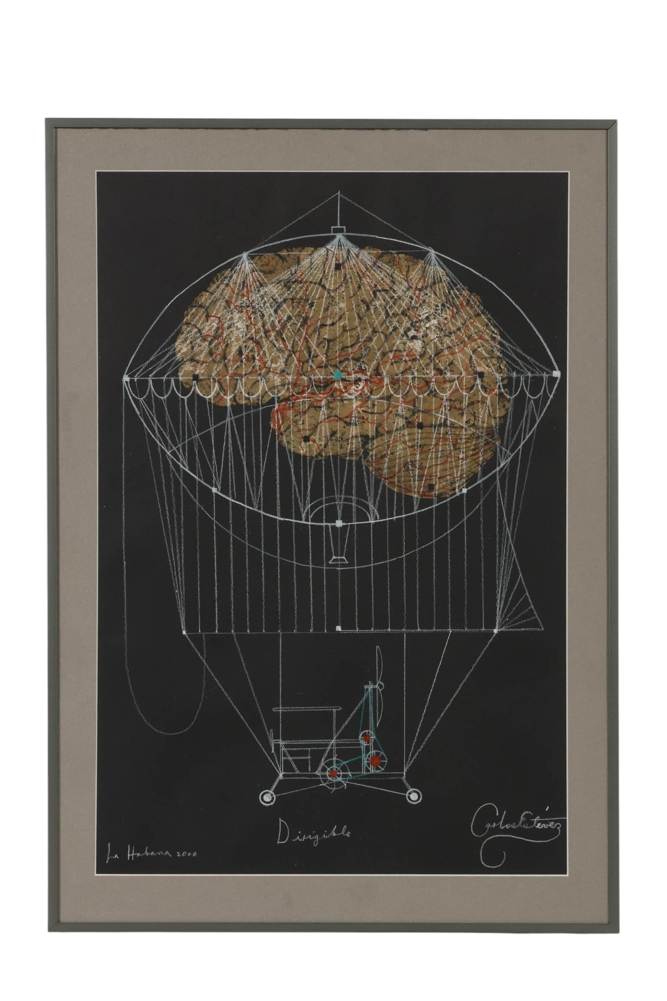 Carlos Estevez (b.1969) Surrealist Brain Drawing: Carlos Estevez (Cuban, born 1969), mixed media drawing on paper depicting a fantastical dirigible form enclosing a brain-like structure, rendered against a dark ground with intricate linear scaffoldin