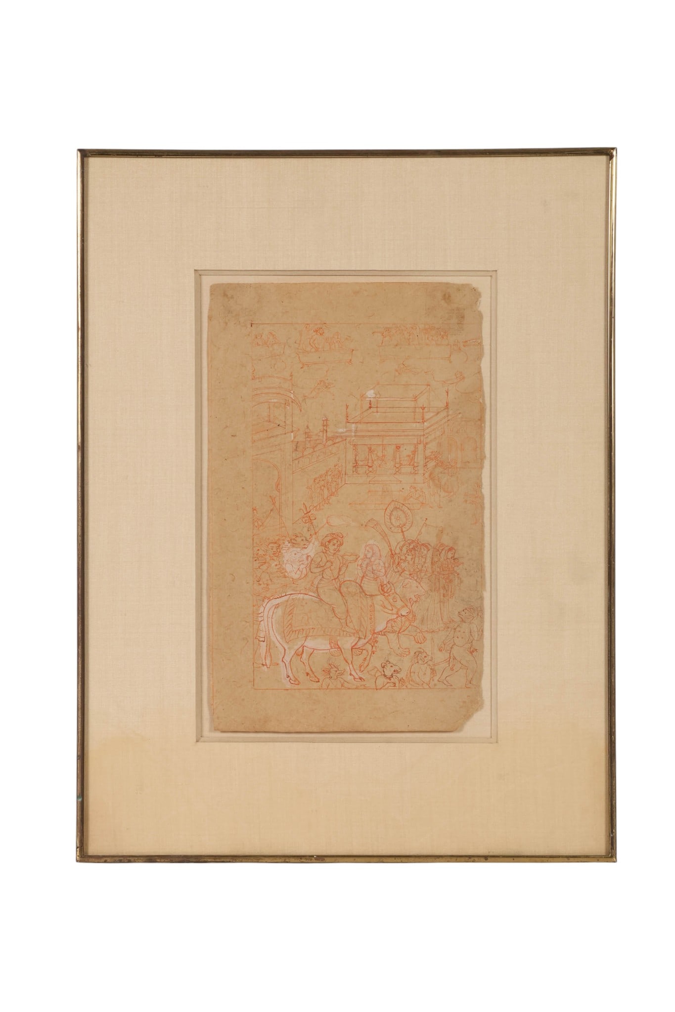Antique Indian School Figural Sanguine Drawing: Antique Indian School sanguine drawing on paper depicting a detailed figural courtly procession scene. Executed in red chalk, the composition features richly adorned figures including a central rider 