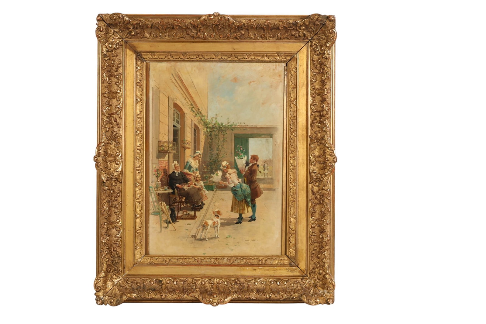 Luigi Lior 1845-1916 Figural Courtyard Painting: Luigi Loir (Austrian-French, 1845-1916), antique oil on board depicting a courtyard scene with figures in period dress. The composition centers on a seated elderly woman attended by companions, while 