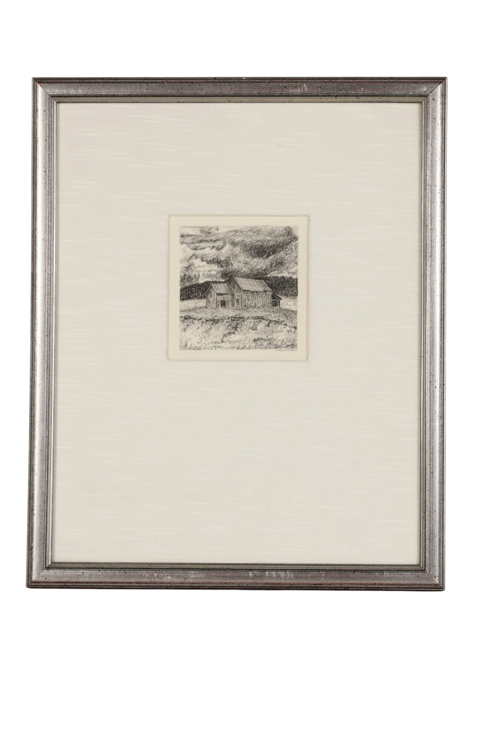 Antique Cabin in a Field Landscape Etching SIGNED: Antique etching on paper depicting a rustic rural landscape with a weathered barn structure set beneath a dramatic sky. The composition emphasizes texture and atmosphere through delicate line work and