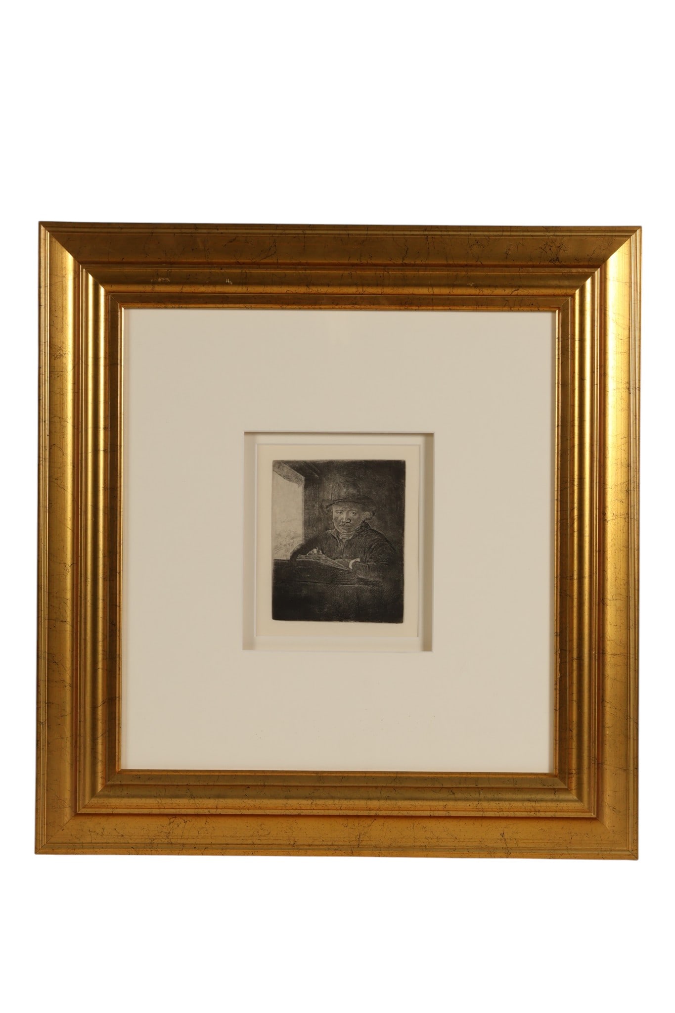 "Self Portrait at Window" Etching after Rembrandt: After Rembrandt van Rijn (Dutch, 1606-1669), Self-Portrait Drawing at a Window, etching on paper. Depicts the artist seated and working, wearing a hat and leaning forward with tools in hand. A verso l
