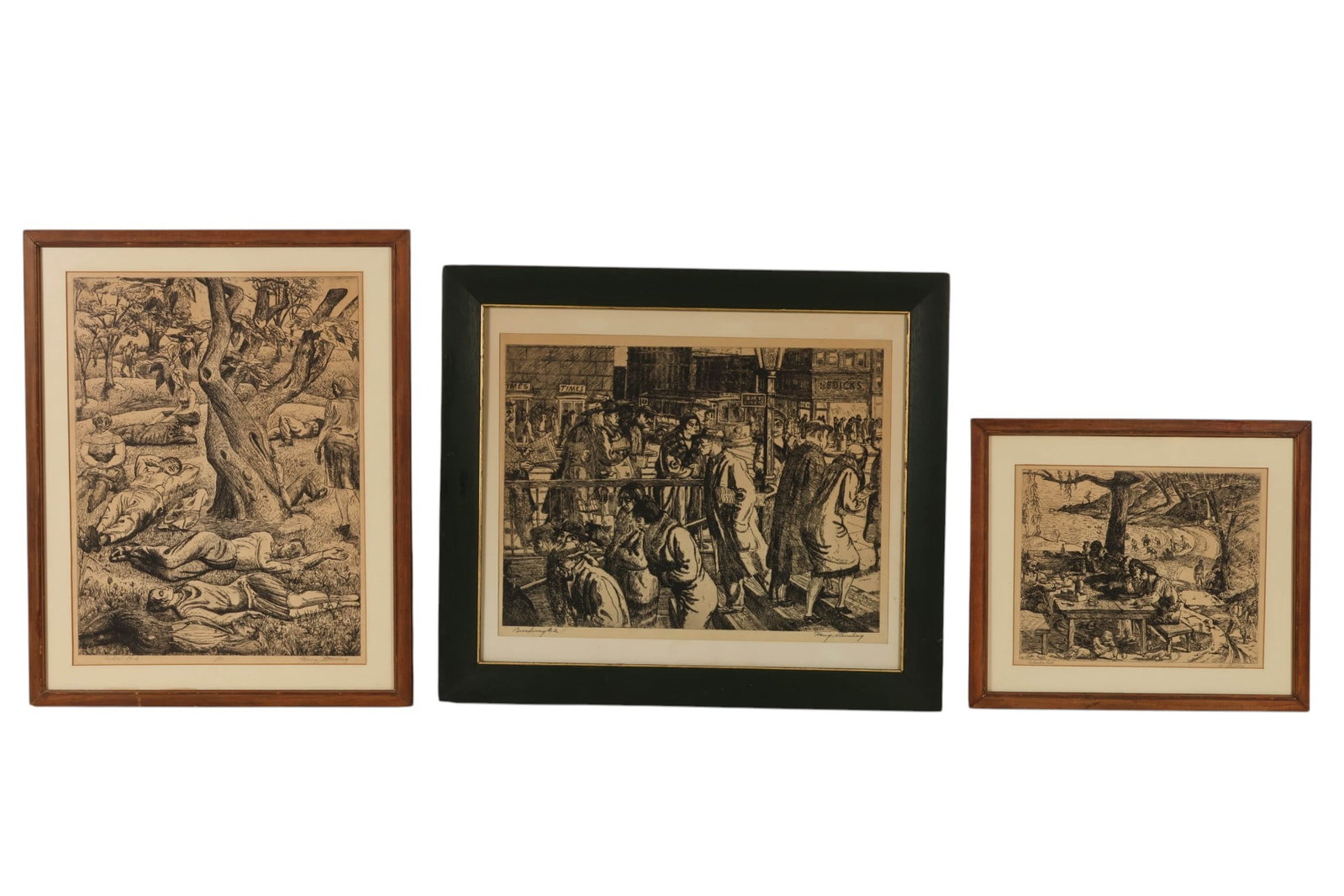 Harry Sternberg 1904-2001 Etchings 3pc. LOT SIGNED: Harry Sternberg (American, 1904-2001), group of three etchings titled "Canal Picnic," "Palisade Park," and "Broadway #2," each dated 1930. The works depict finely detailed Social Realist compositions 
