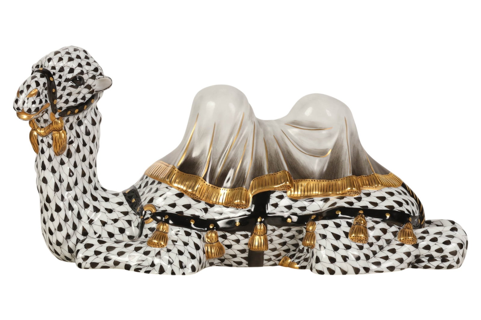 Herend Camel Lying Black Fishnet Figurine SIGNED: Herend Hungary large hand-painted porcelain camel figurine. Features the companys signature fish scale decoration in the Black Fishnet pattern. From the Kingdom Classic collection. Depicts a recumbent