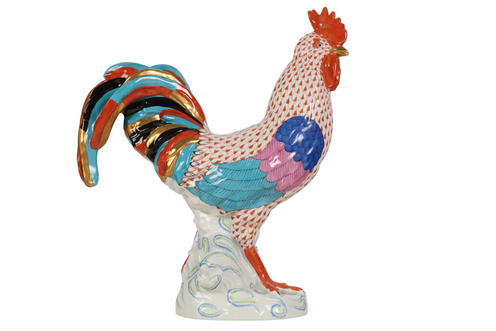 Herend Tall Rooster Rust Fishnet Porcelain Figure: Herend Hungary oversized hand-painted porcelain rooster figurine. Features the companys signature fish scale decoration in the Rust Fishnet pattern. Modeled standing on a shaped base with blue and whi